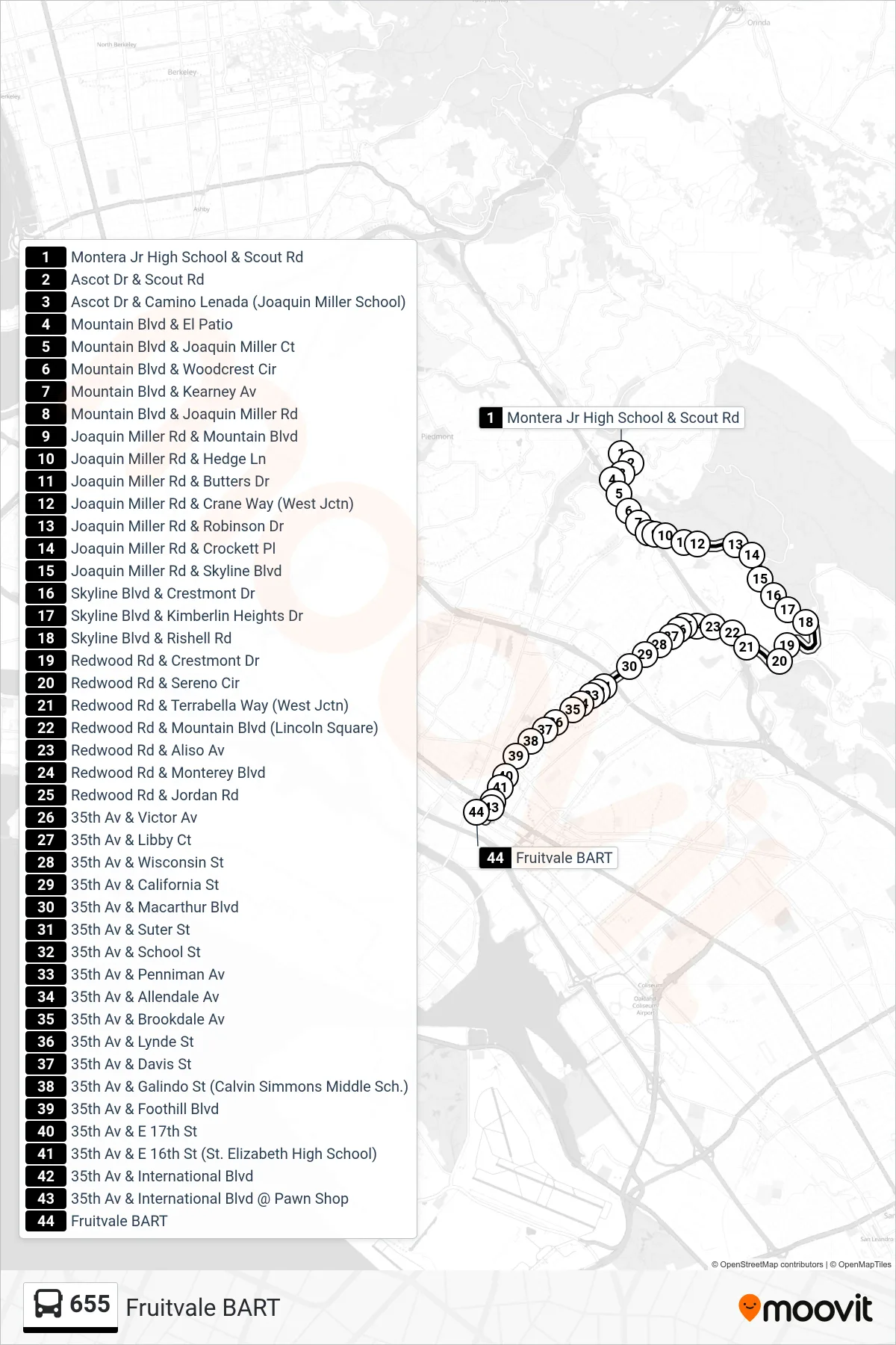 655 bus Line (Fruitvale BART) route and stops on a map