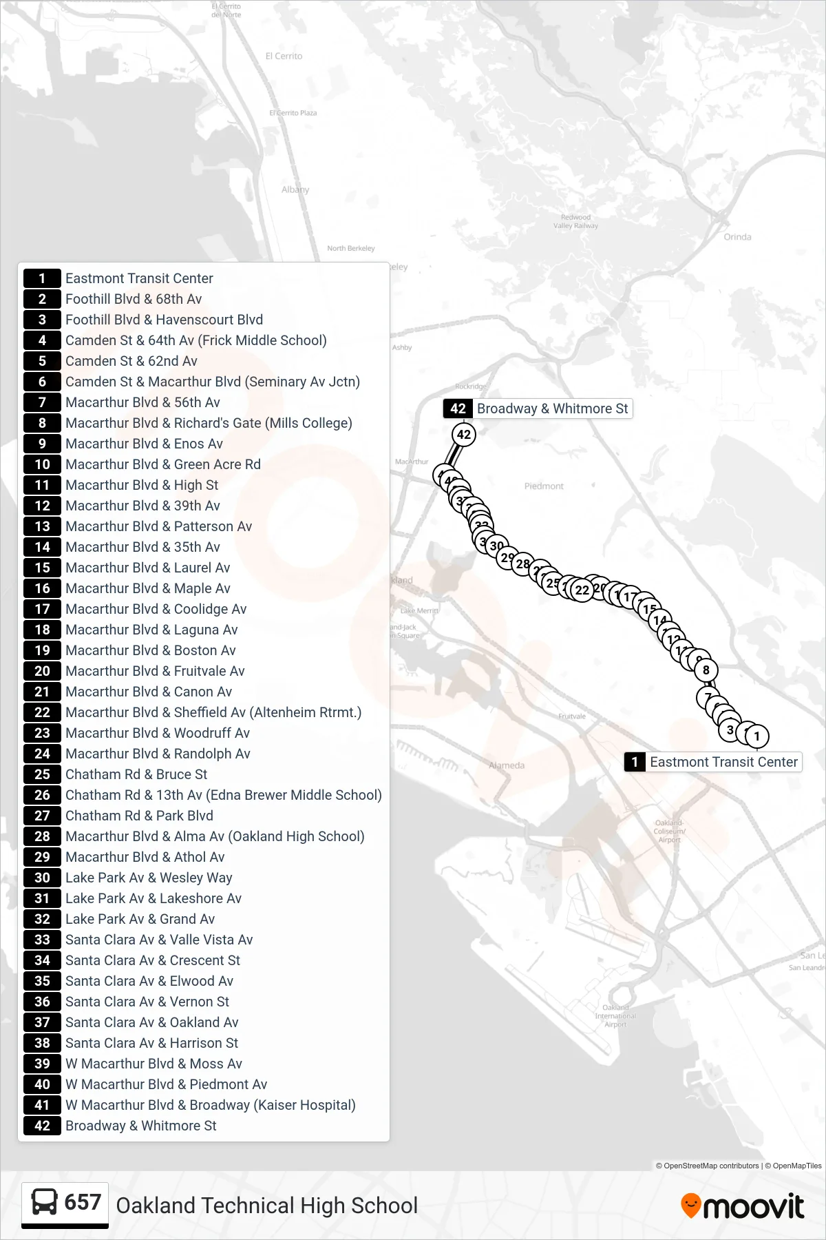 657 bus Line (Oakland Technical High School) route and stops on a map