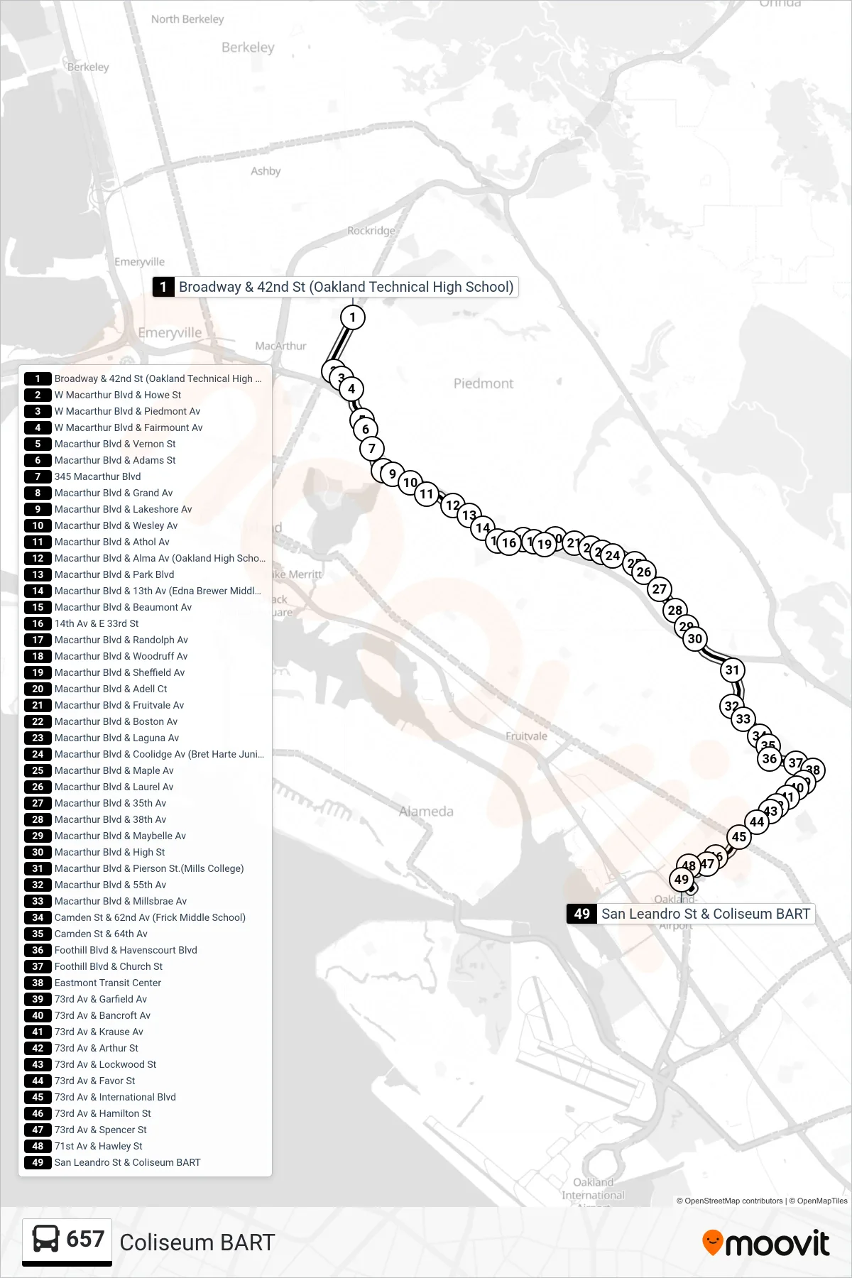 657 bus Line (Coliseum BART) route and stops on a map