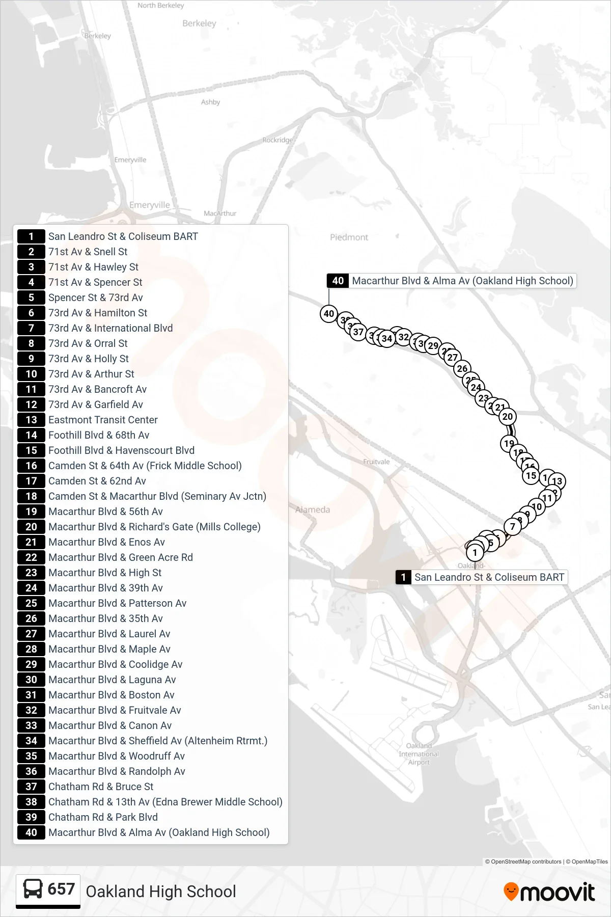 657 bus Line (Oakland High School) route and stops on a map