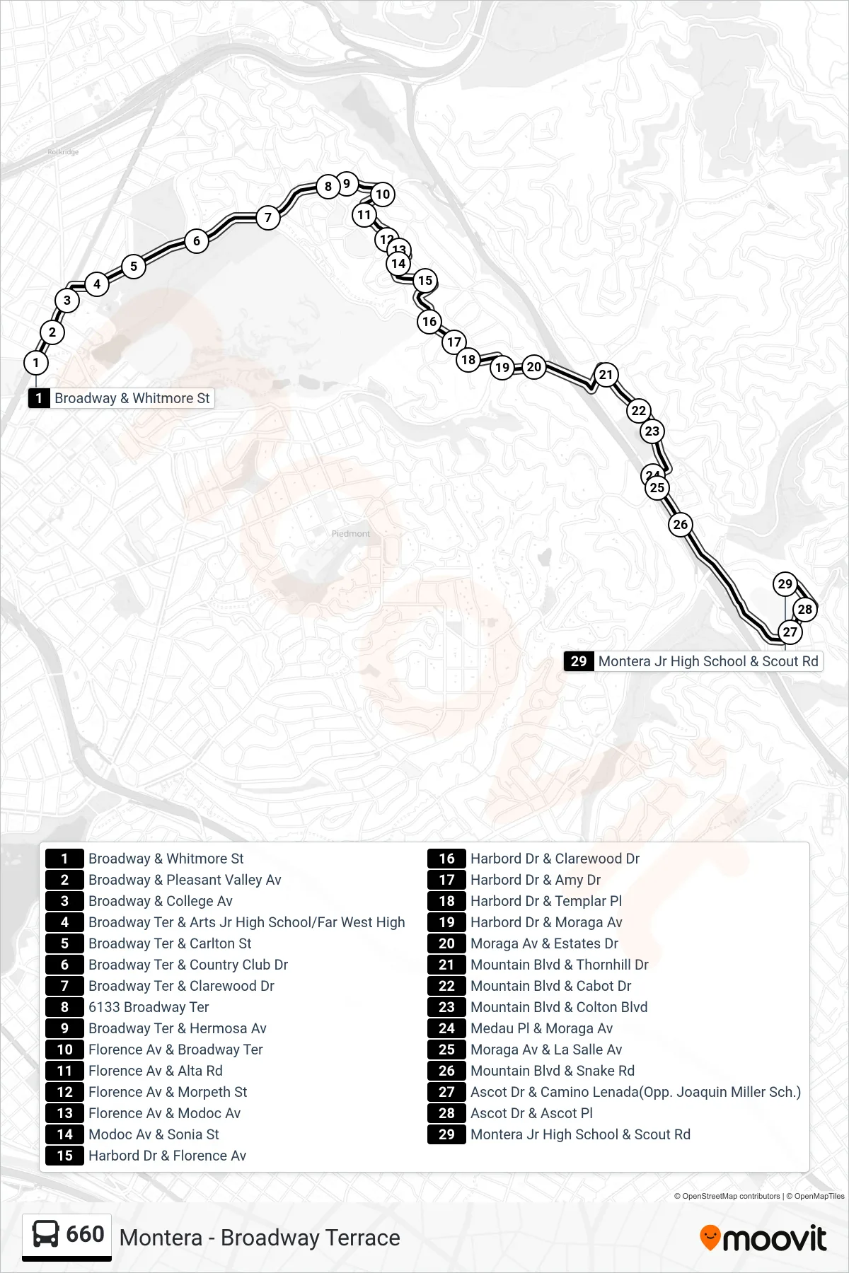 660 bus Line (Montera Middle School) route and stops on a map