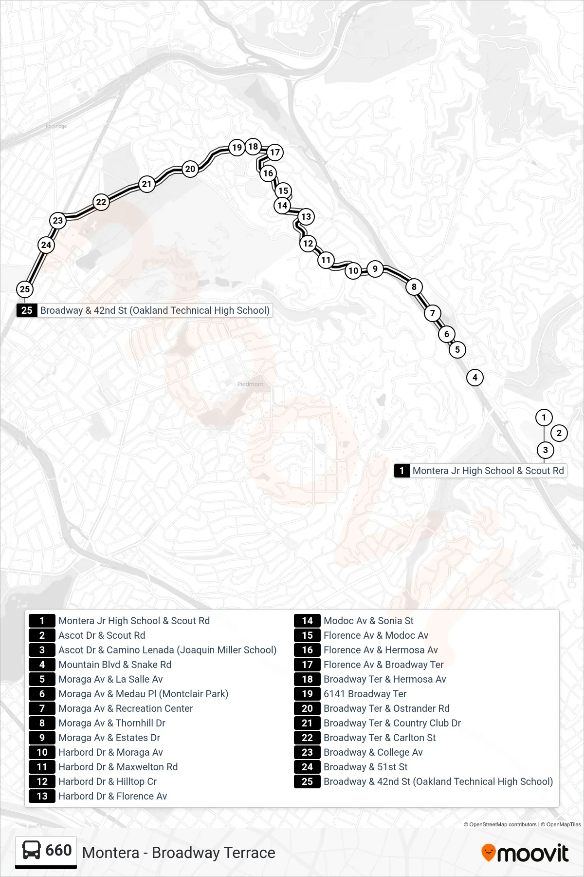 660 bus Line (Oakland Technical High School) route and stops on a map