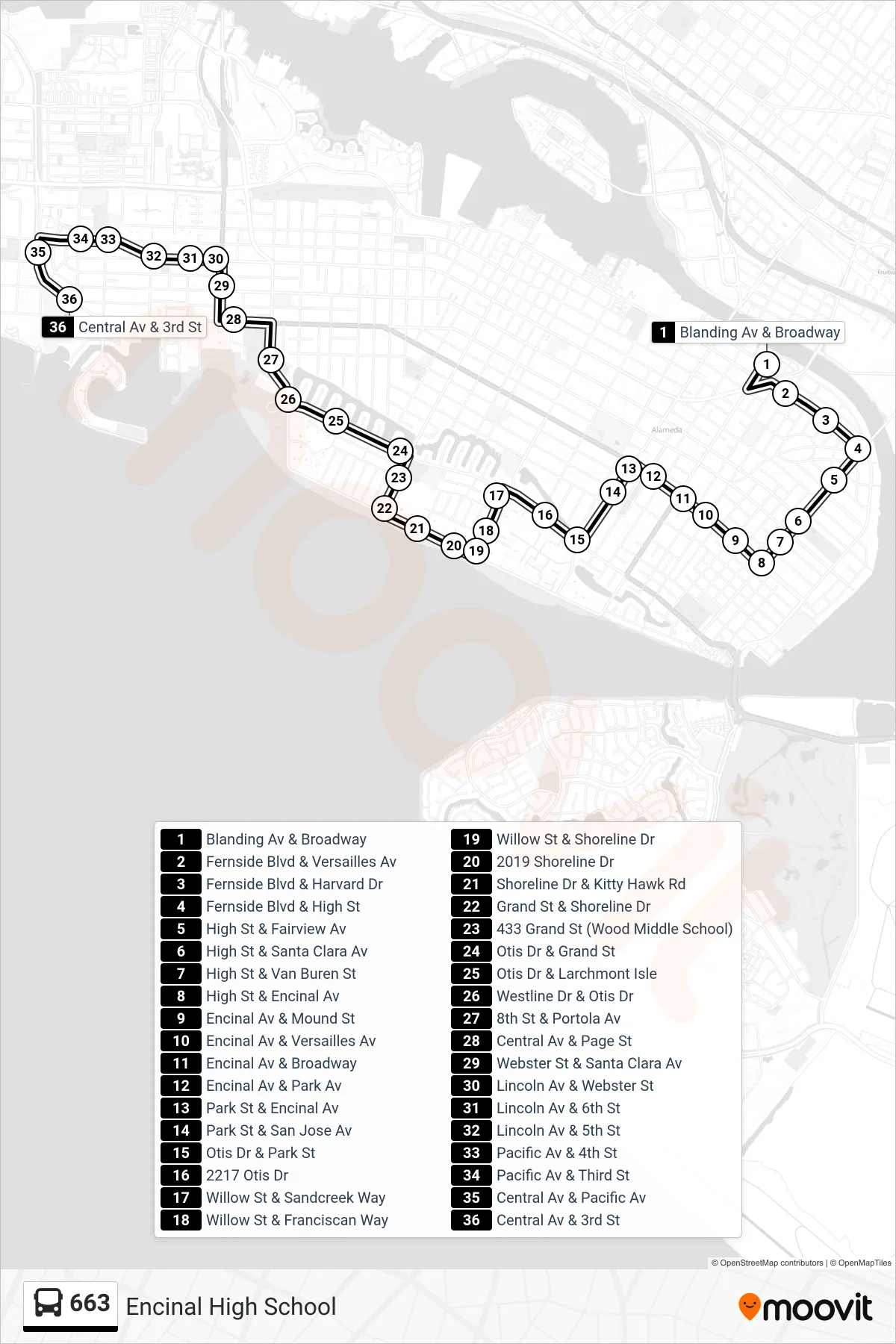663 bus Line (Encinal High School) route and stops on a map