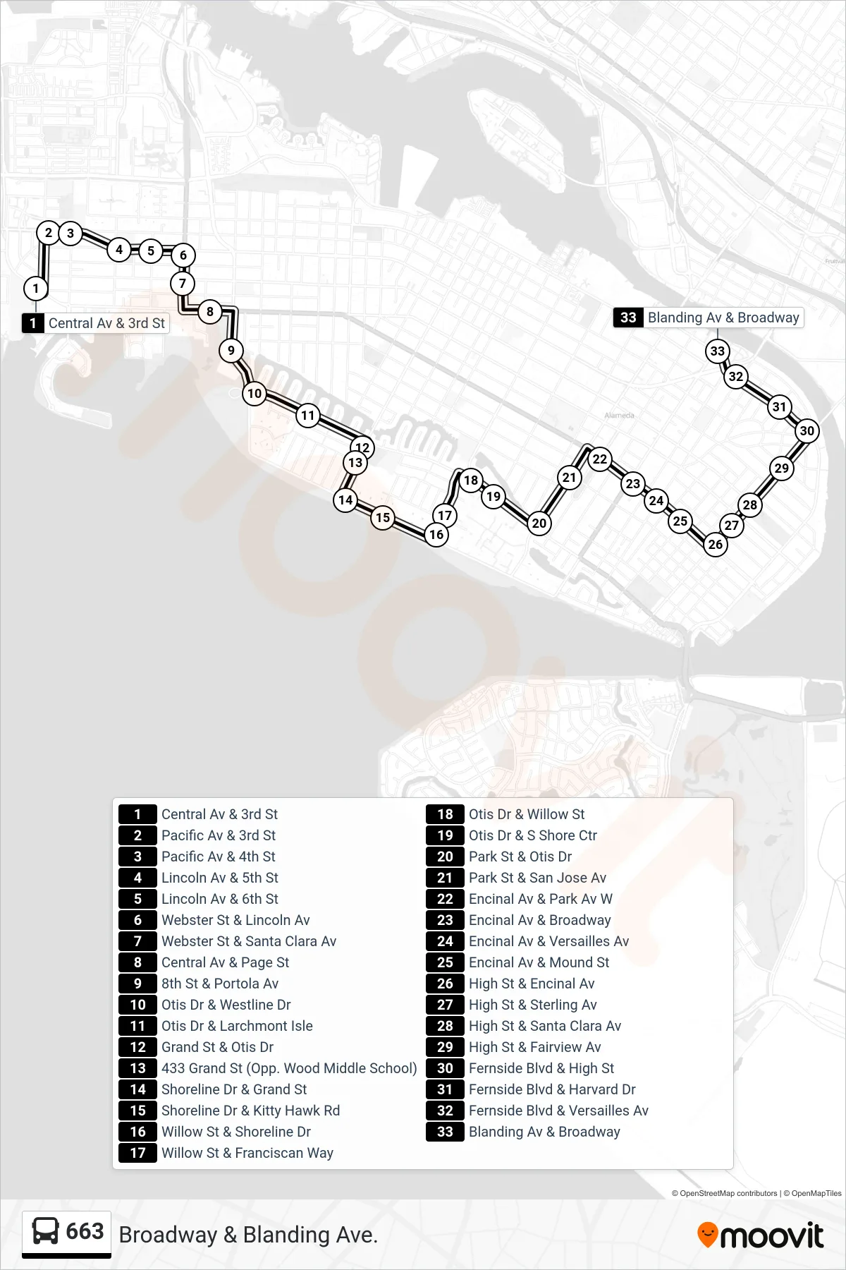 663 bus Line (Broadway & Blanding Ave.) route and stops on a map