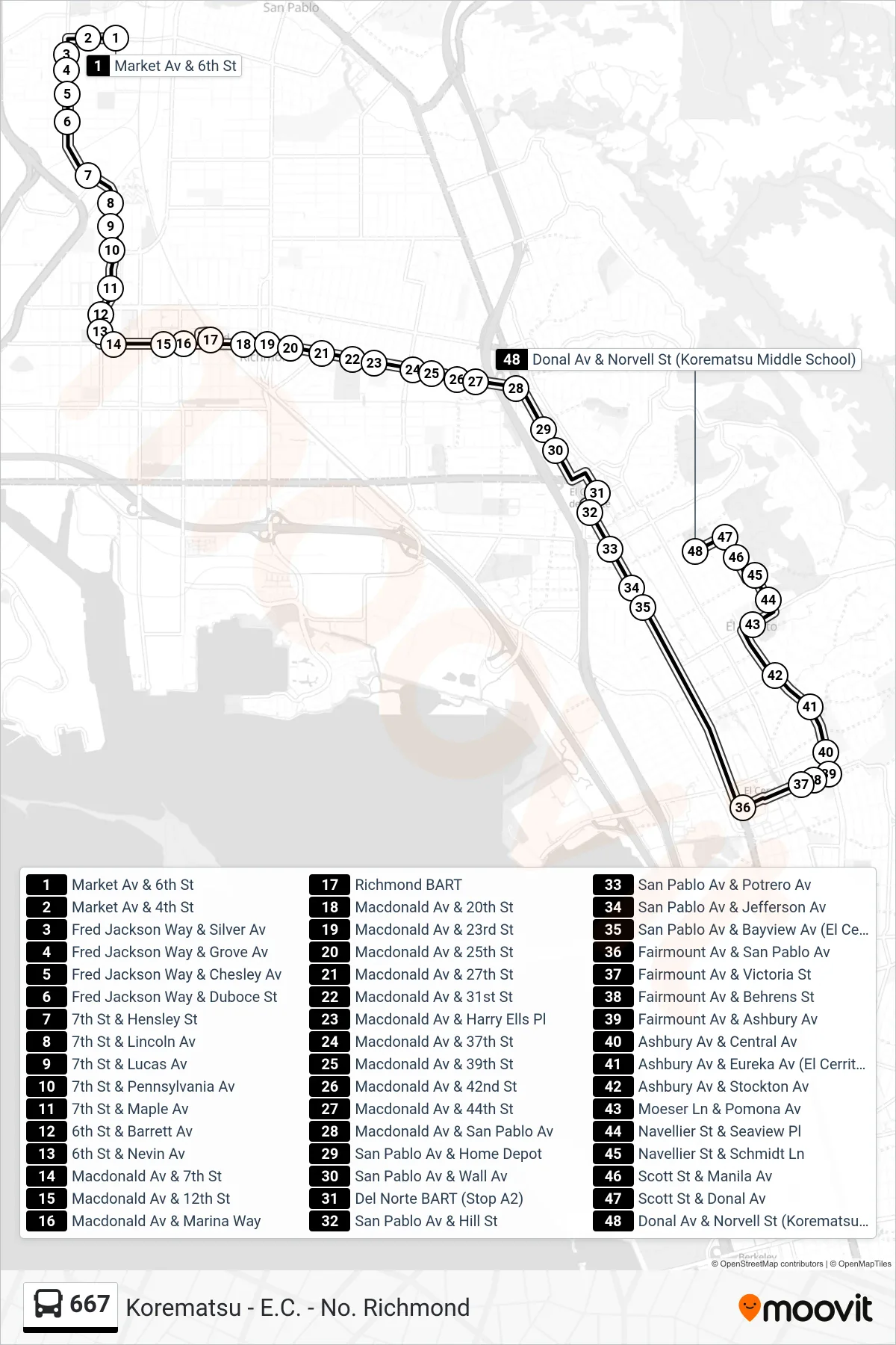 667 bus Line (Donal Ave. & Norvell St.) route and stops on a map