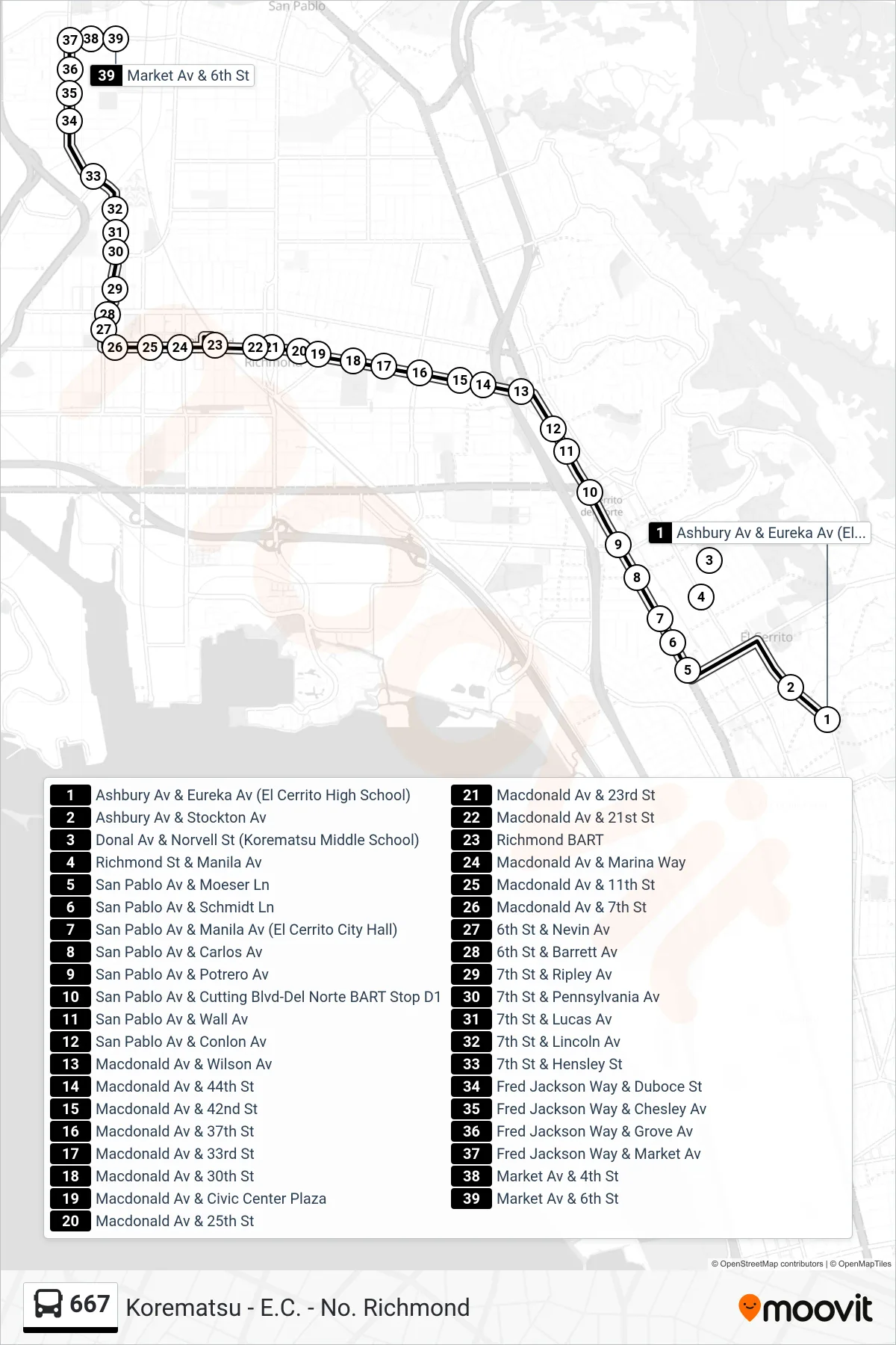 667 bus Line (North Richmond) route and stops on a map