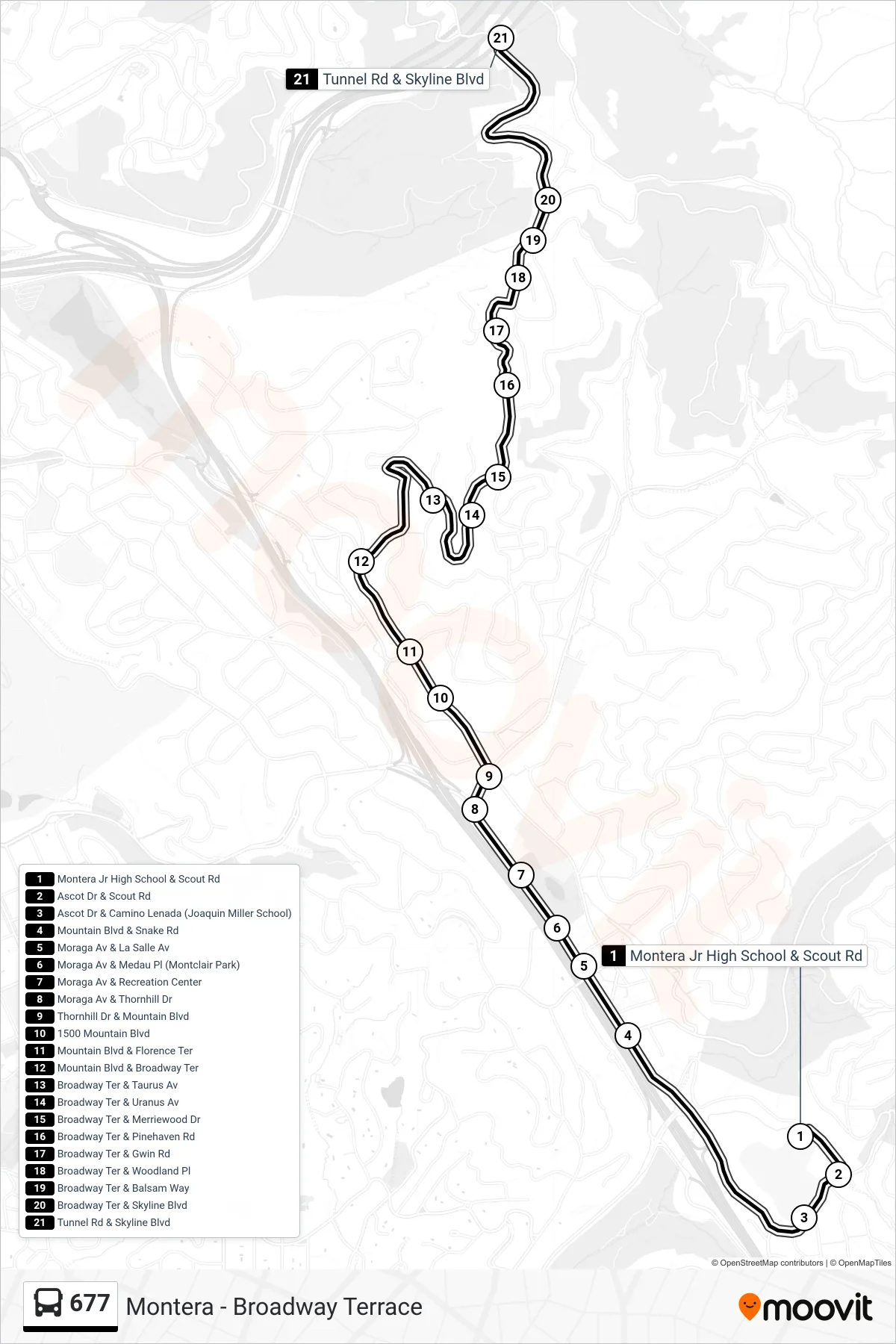 677 bus Line (Skyline Blvd. & Tunnel Road) route and stops on a map