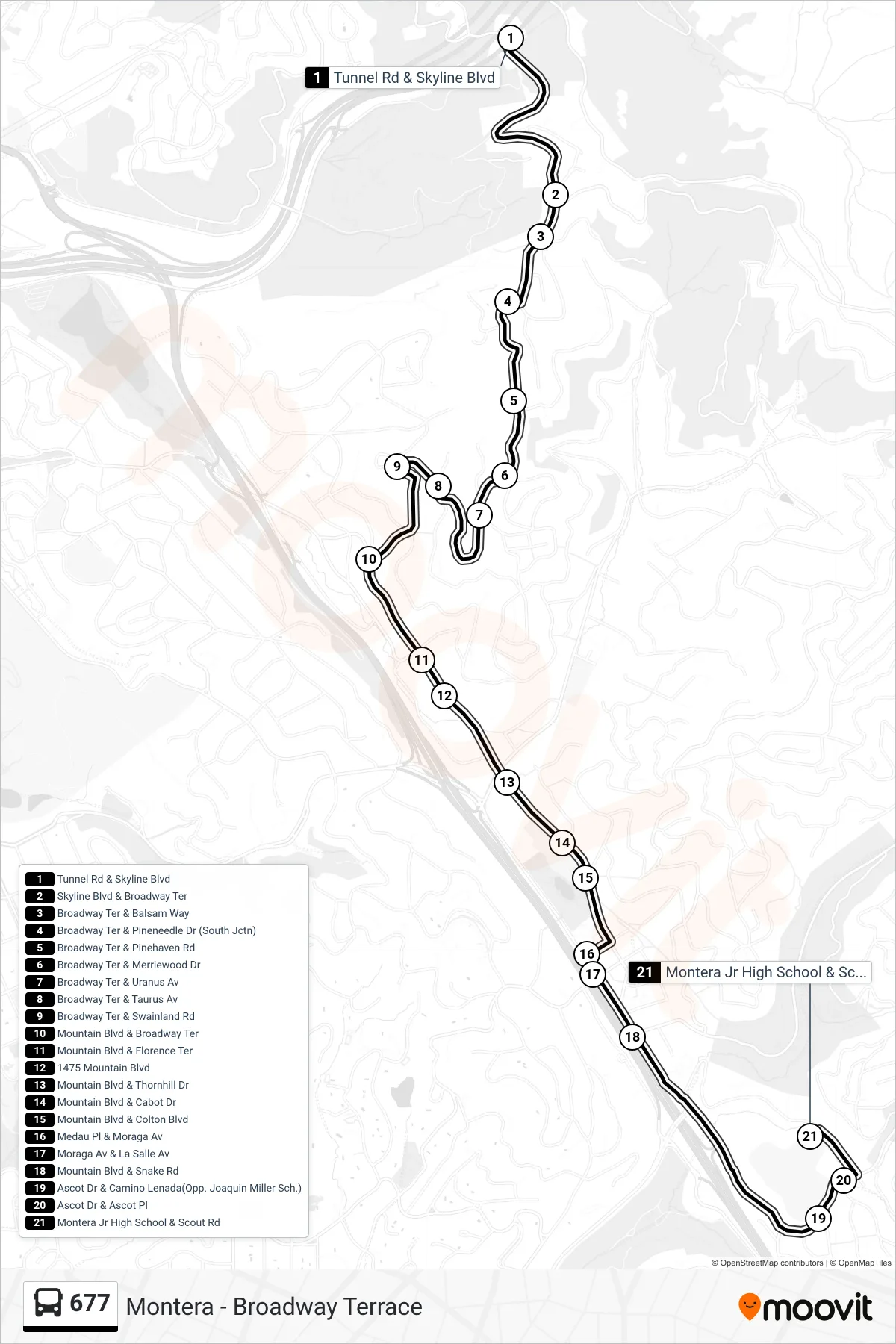 677 bus Line (Montera Middle School) route and stops on a map