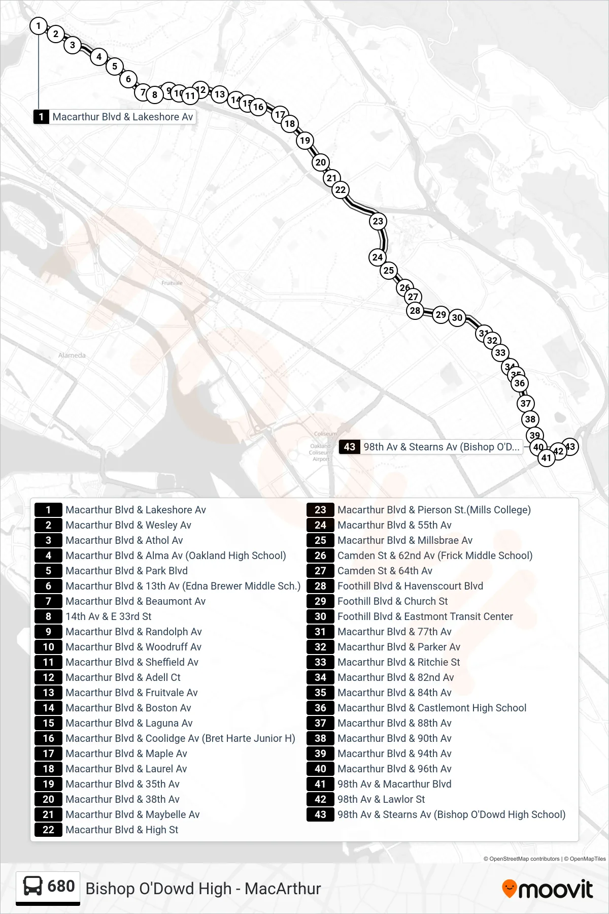 680 bus Line (Bishop O'Dowd High School) route and stops on a map