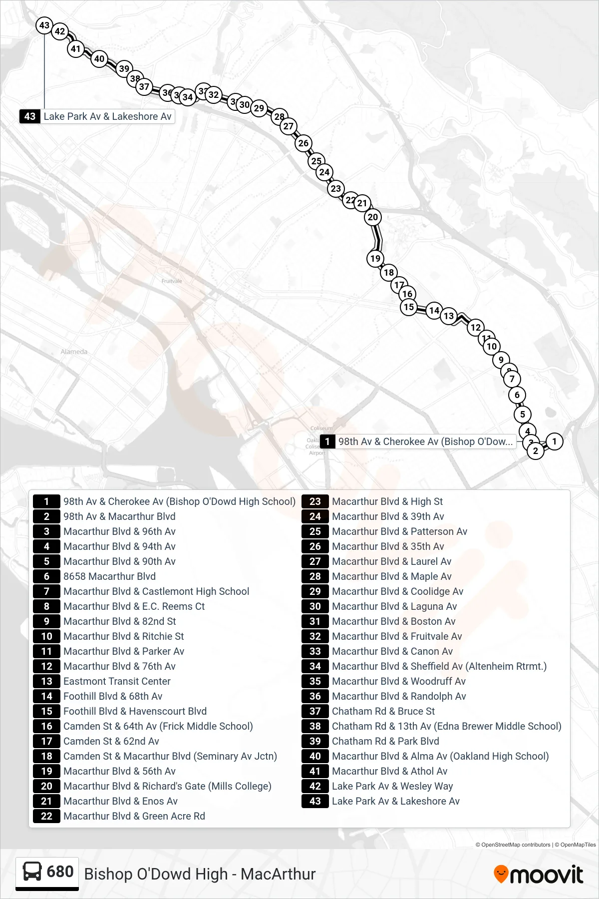 680 bus Line (Grand Lake District) route and stops on a map