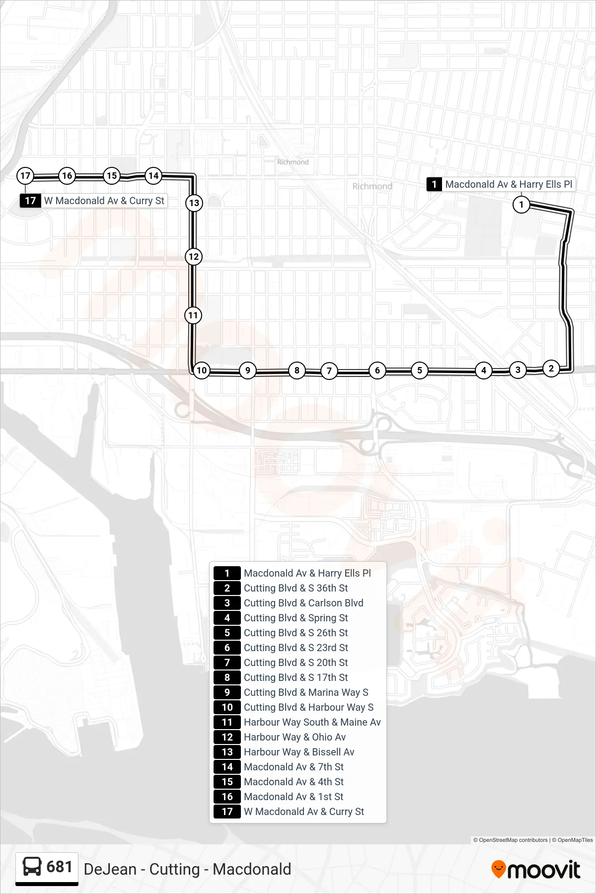 681 bus Line (Richmond Parkway & Macdonald Ave.) route and stops on a map