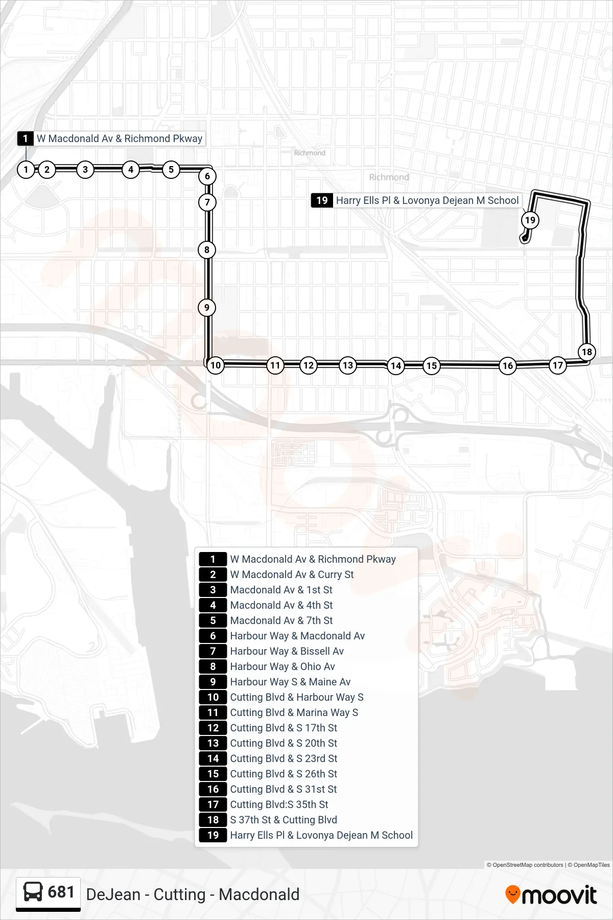 681 bus Line (Dejean Middle School) route and stops on a map
