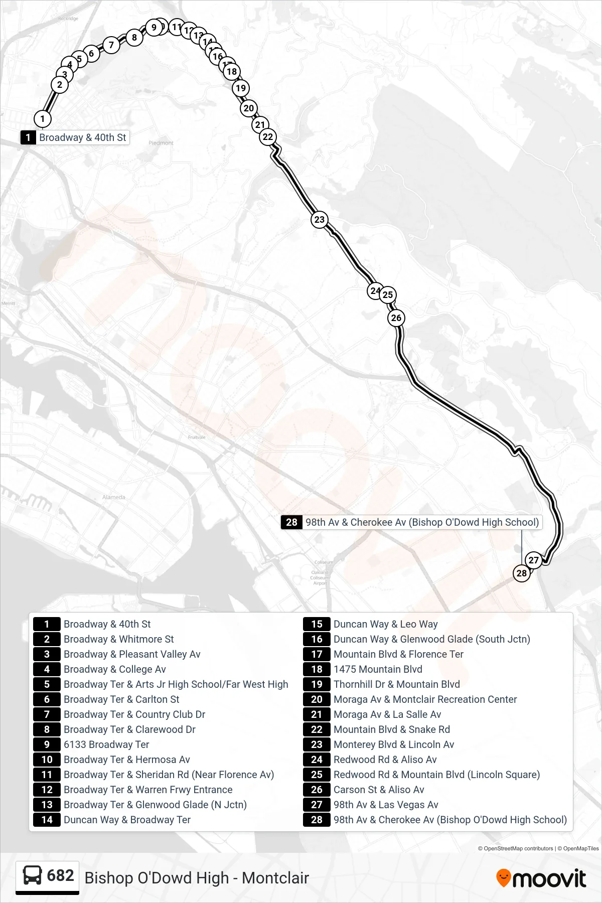 682 bus Line (Bishop O'Dowd High School) route and stops on a map