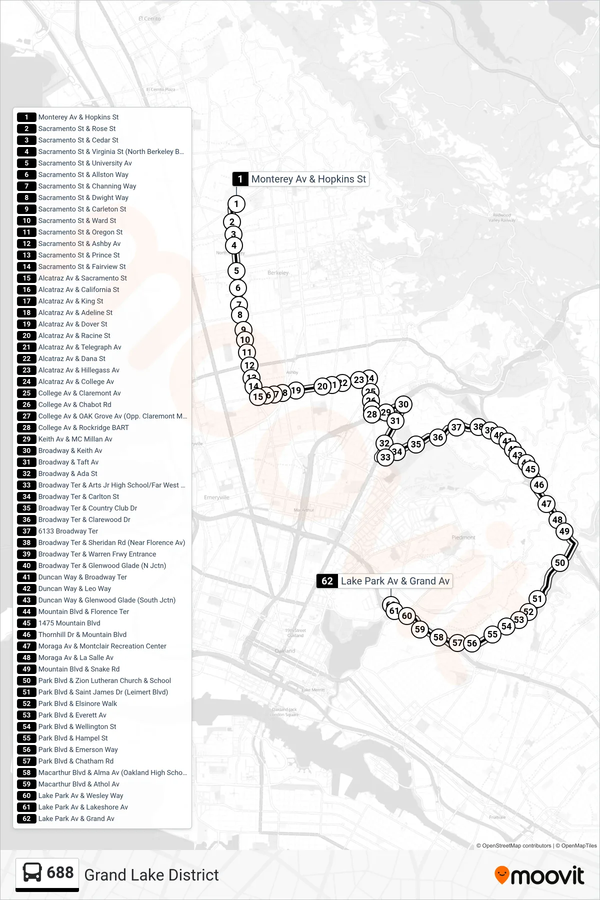 688 bus Line (Grand Lake District) route and stops on a map