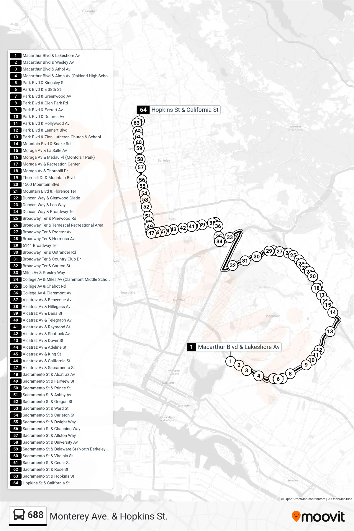 688 bus Line (Monterey Ave. & Hopkins St.) route and stops on a map