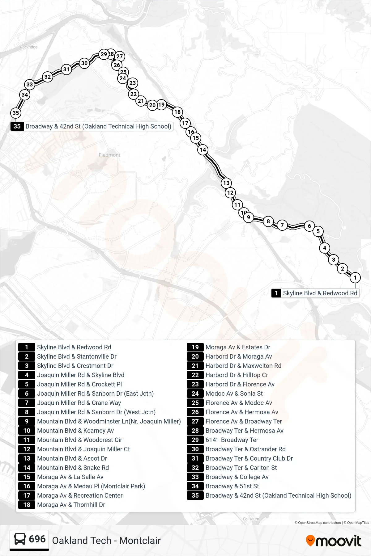 696 bus Line (Oakland Technical High School) route and stops on a map