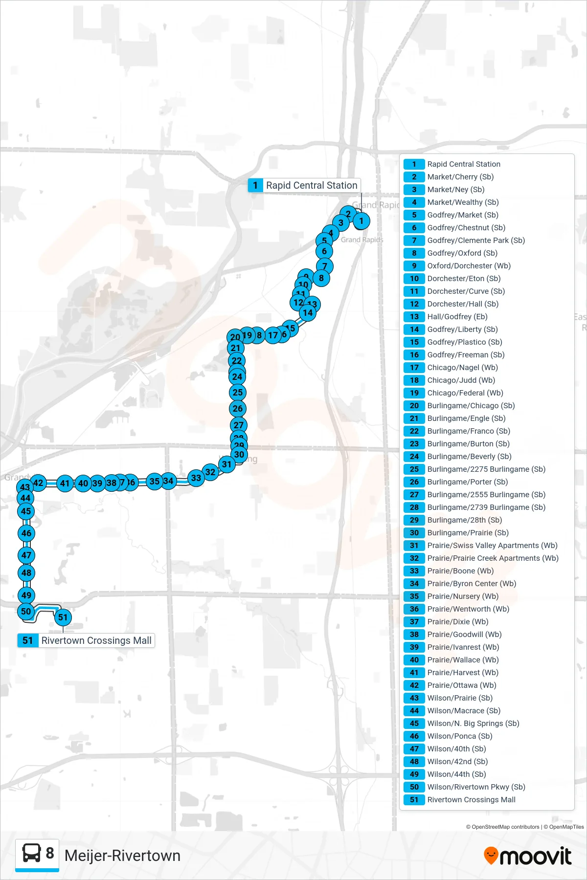8 bus Line (Meijer-Rivertown) route and stops on a map