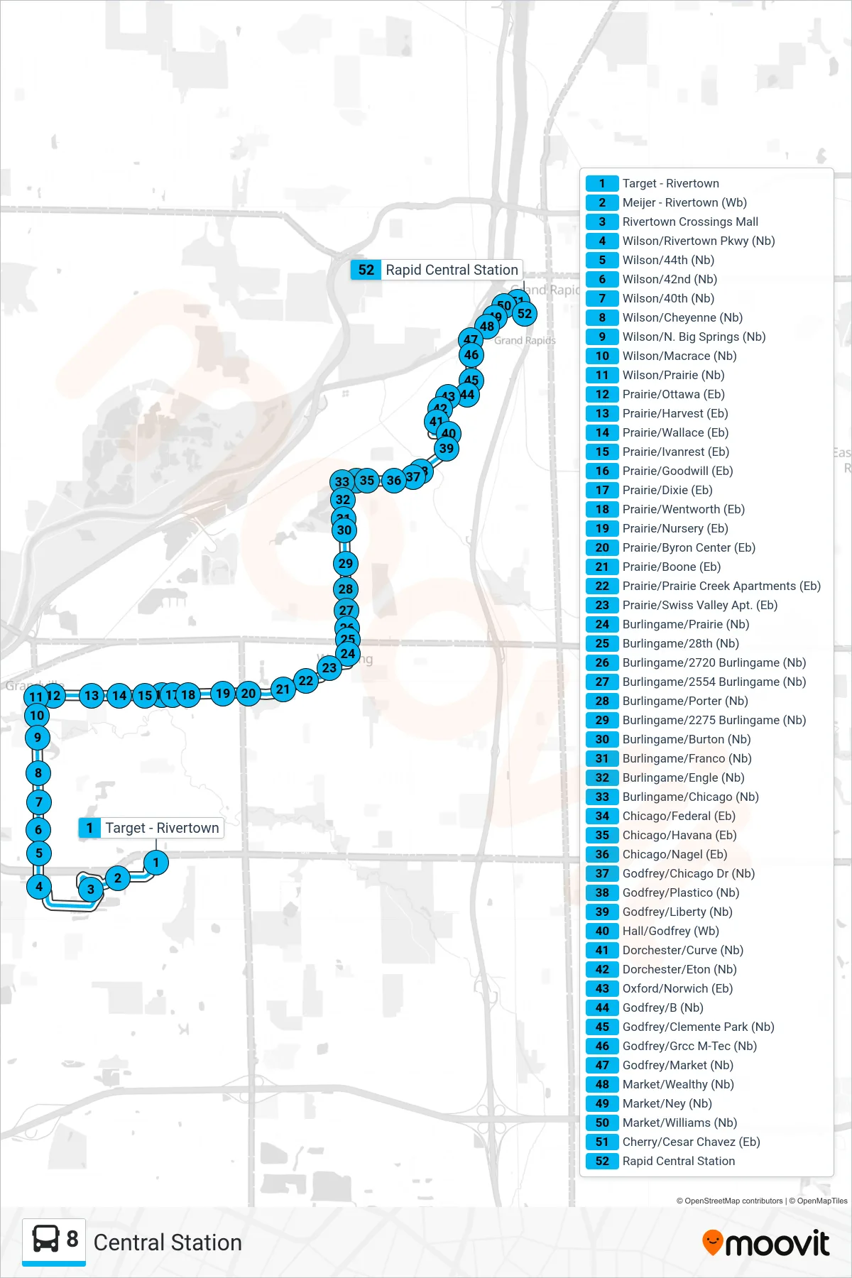8 bus Line (Central Station) route and stops on a map