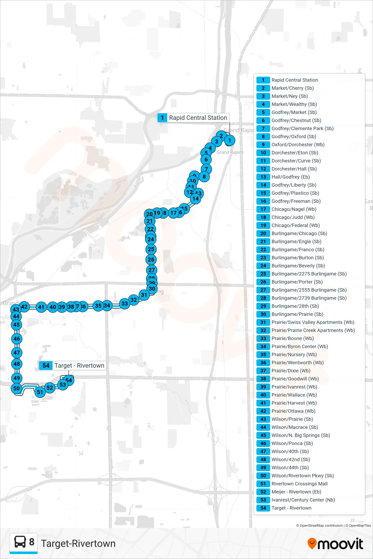 8 bus Line (Target-Rivertown) route and stops on a map
