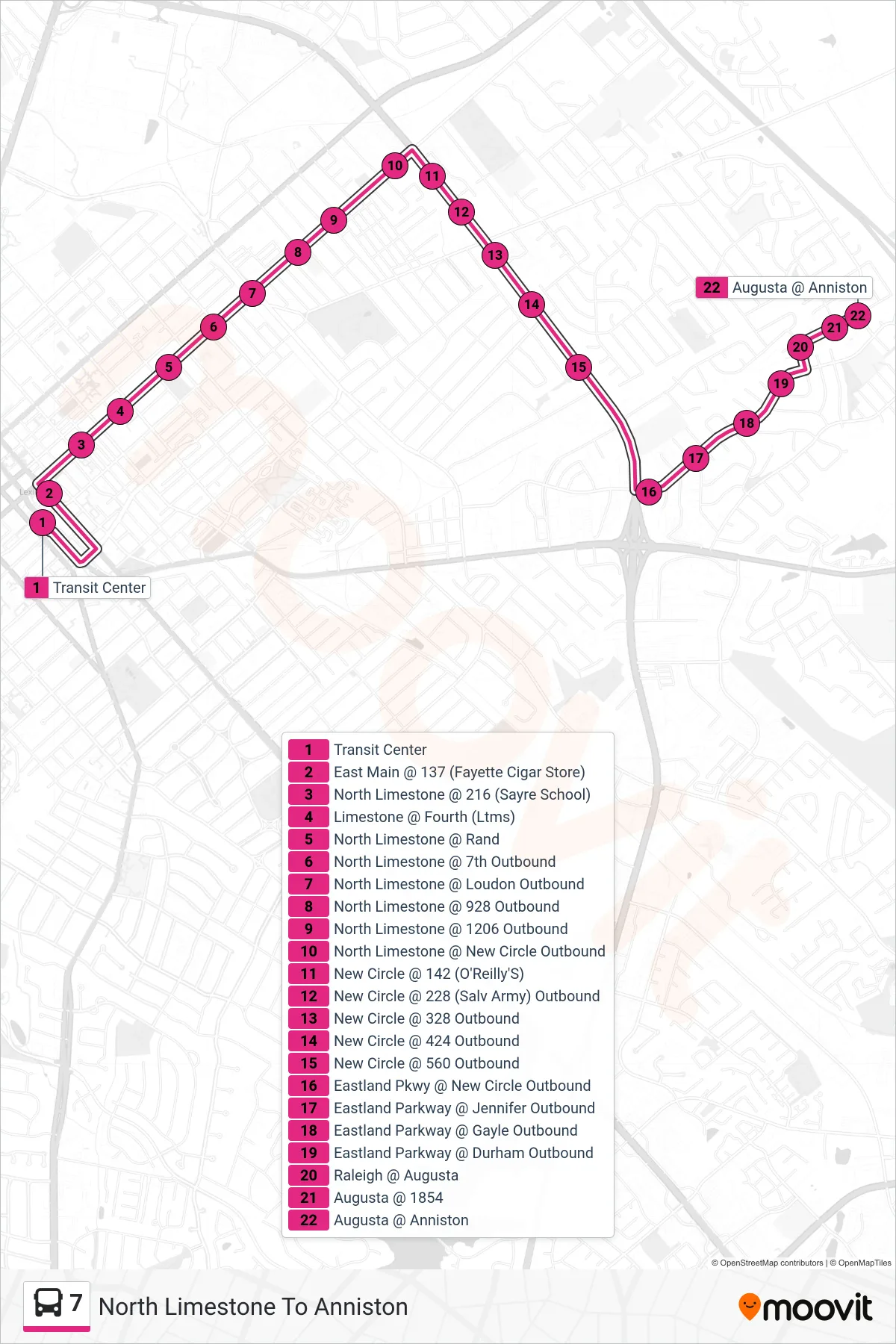 7 bus Line (North Limestone To Anniston) route and stops on a map