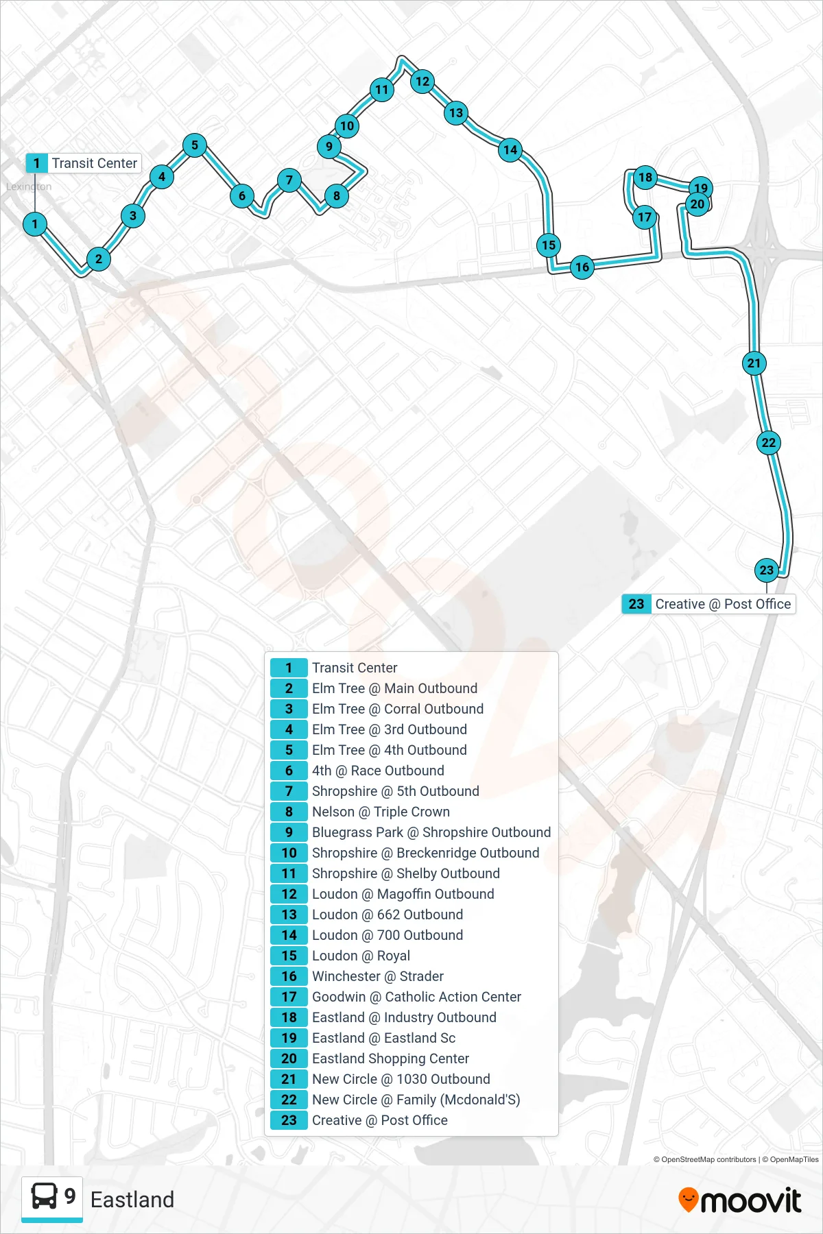 9 bus Line (Eastland To Creative Drive) route and stops on a map