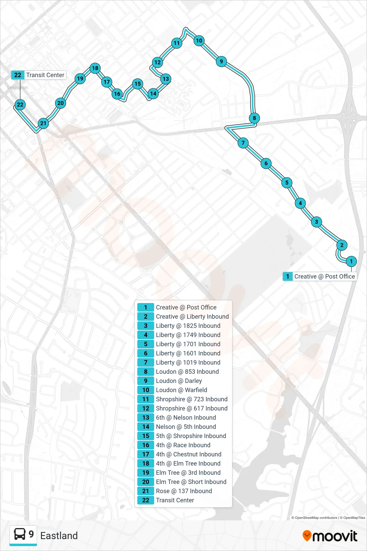 9 bus Line (Eastland To Transit Center) route and stops on a map