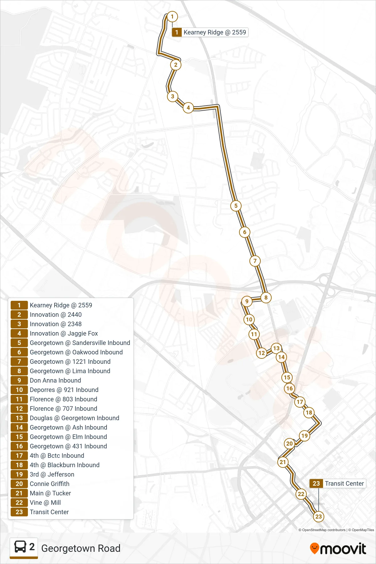 2 bus Line (Georgetown Rd To Transit Center) route and stops on a map