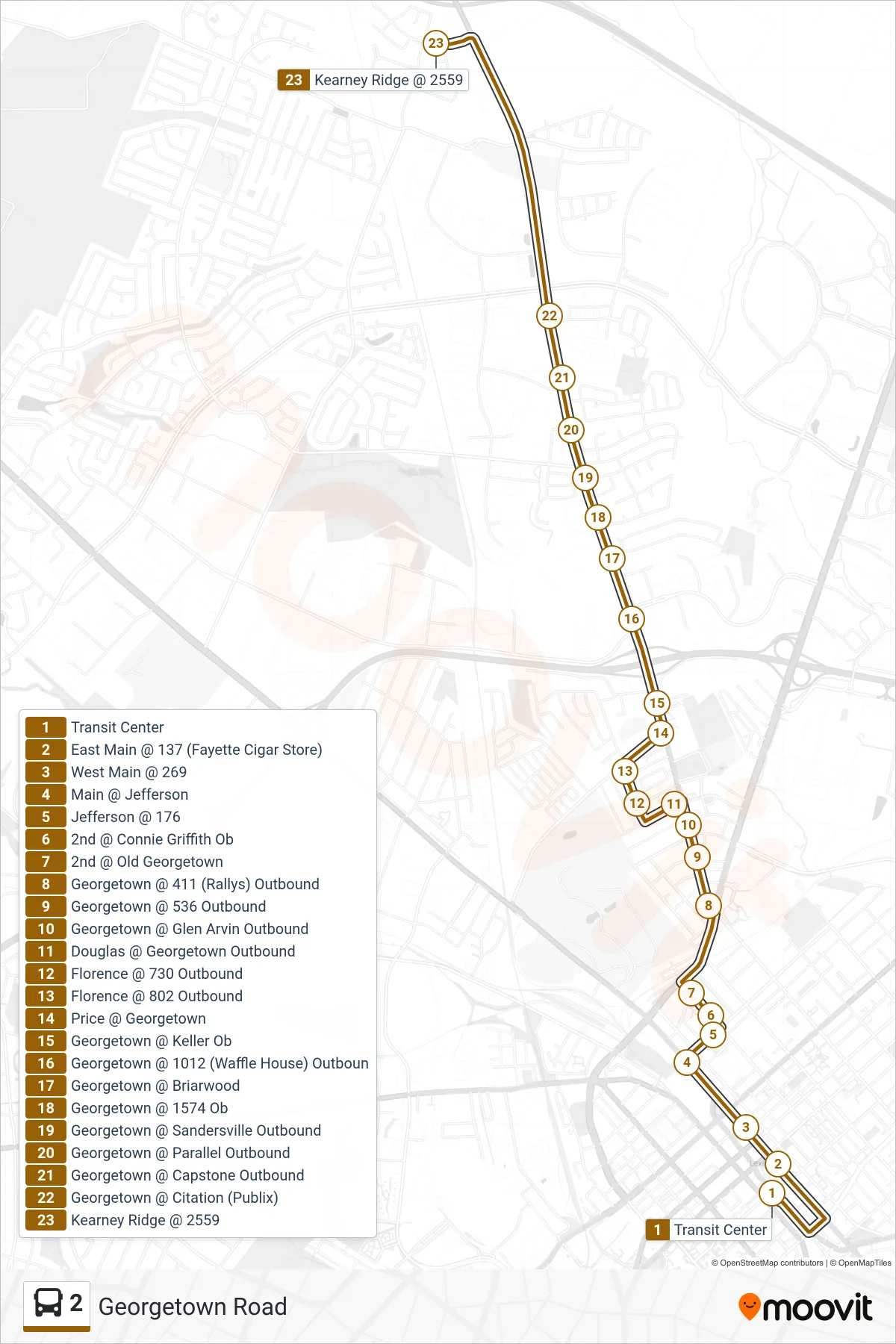 2 bus Line (Georgetown Rd To Kearney Ridge) route and stops on a map