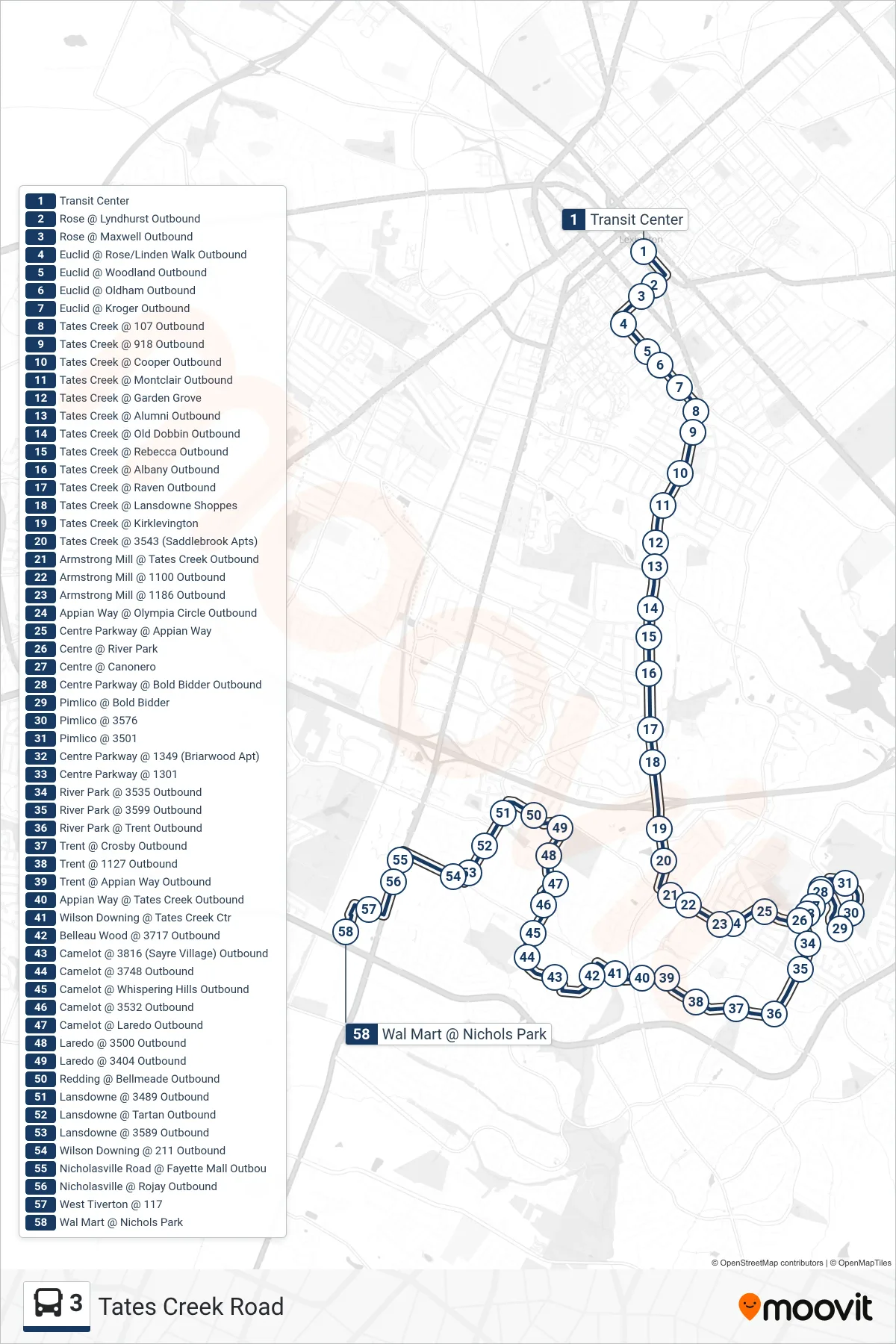 3 bus Line (Tates Creek Rd To Wal Mart) route and stops on a map