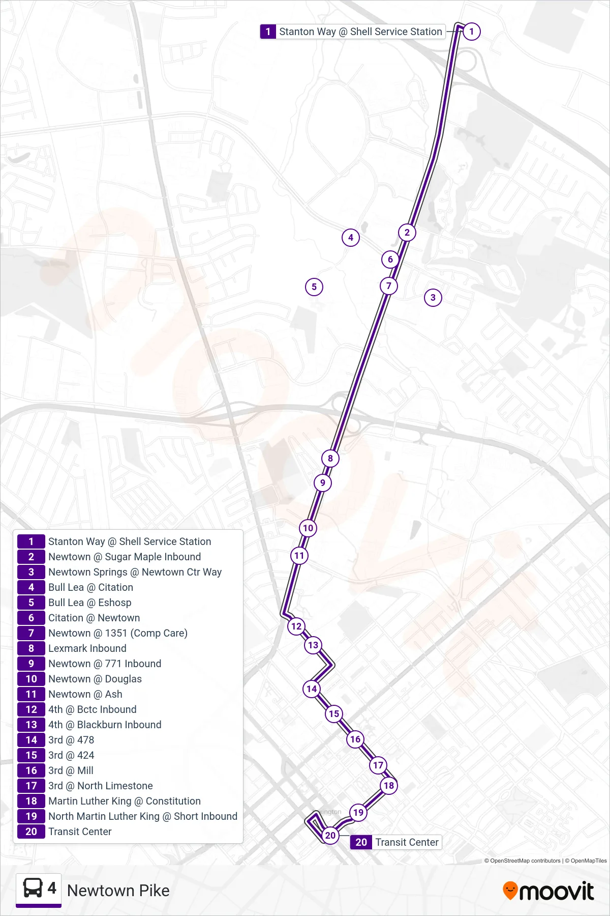 4 bus Line (Newtown Pike To Transit Center) route and stops on a map