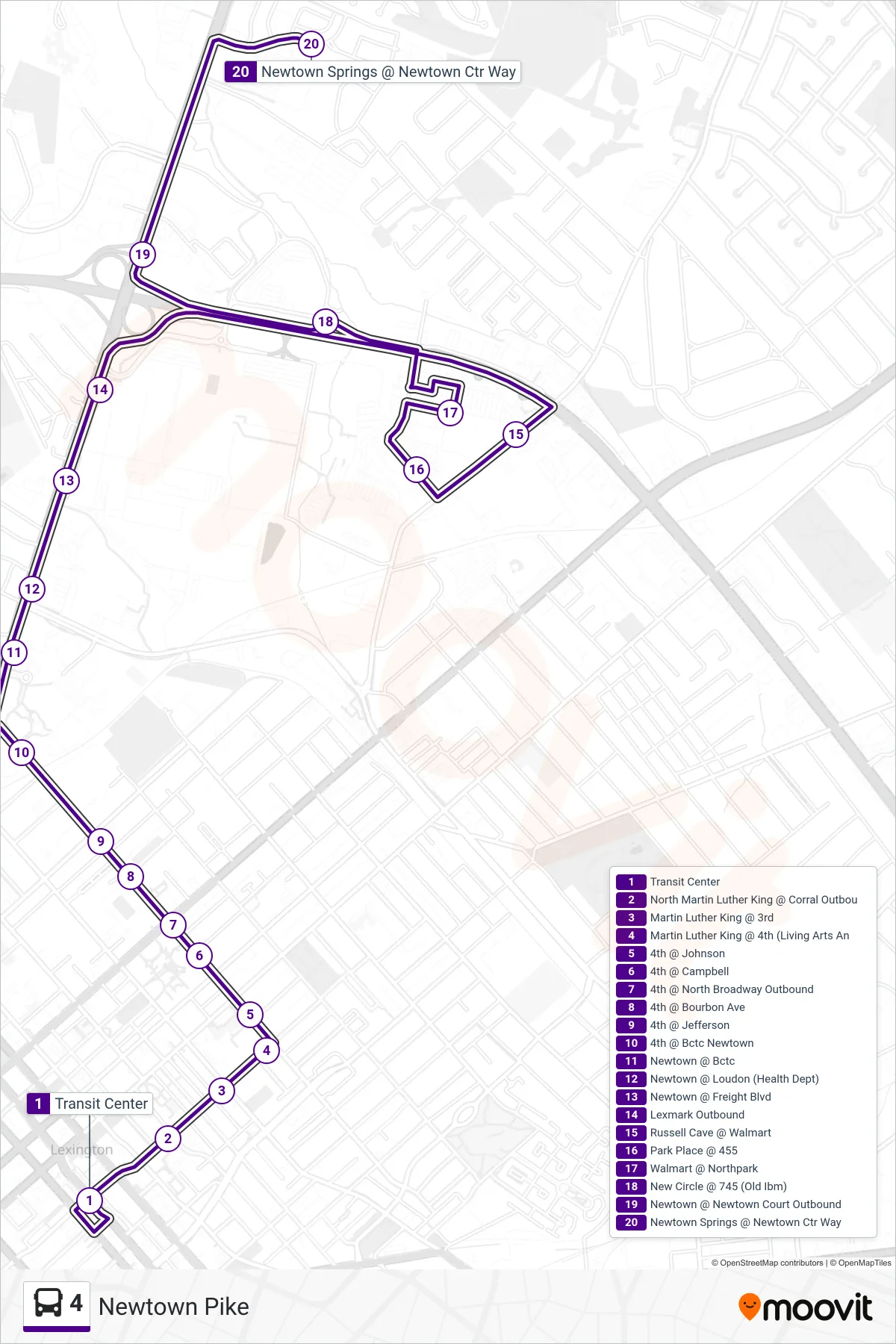 4 bus Line (Newtown Pike To Newtown Springs) route and stops on a map