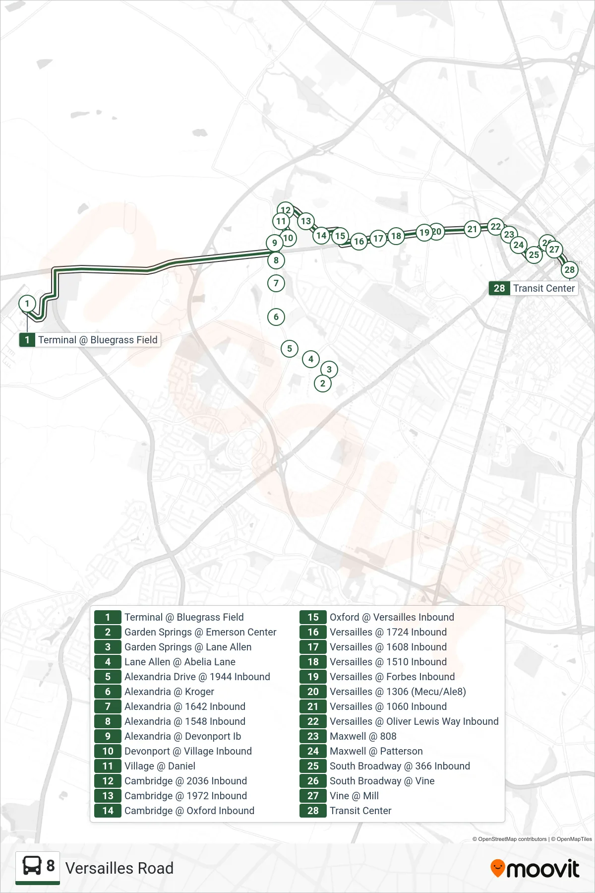 8 bus Line (Versailles Rd To Transit Center) route and stops on a map