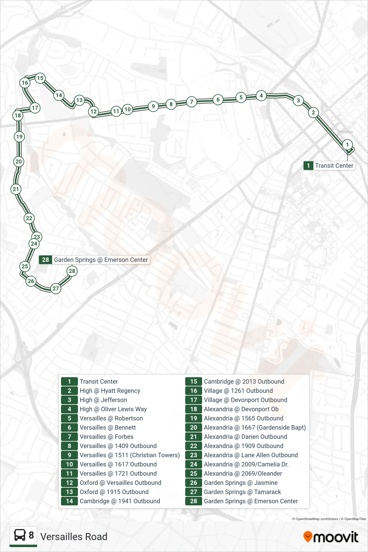 8 bus Line (Versailles Rd To Emerson Center) route and stops on a map
