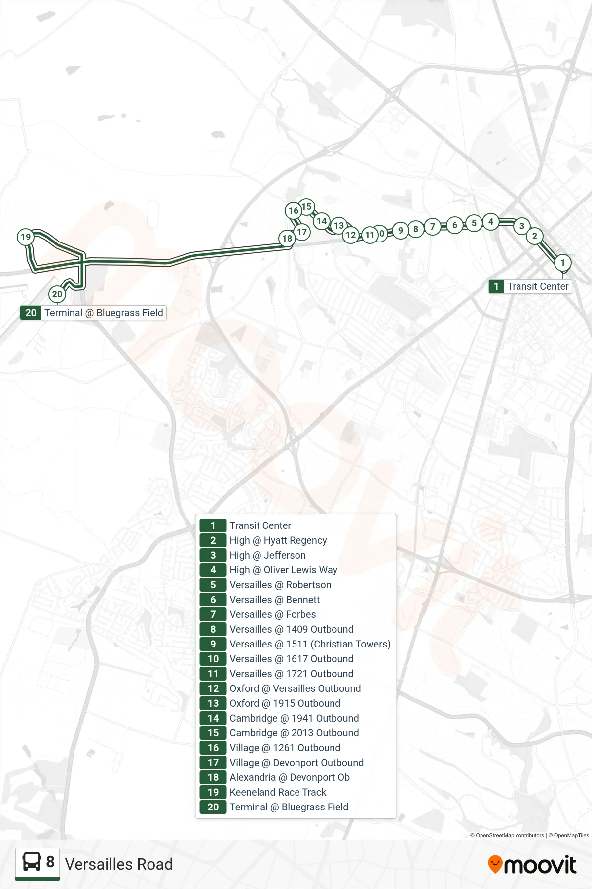 8 bus Line (Versailles Rd To Airport) route and stops on a map