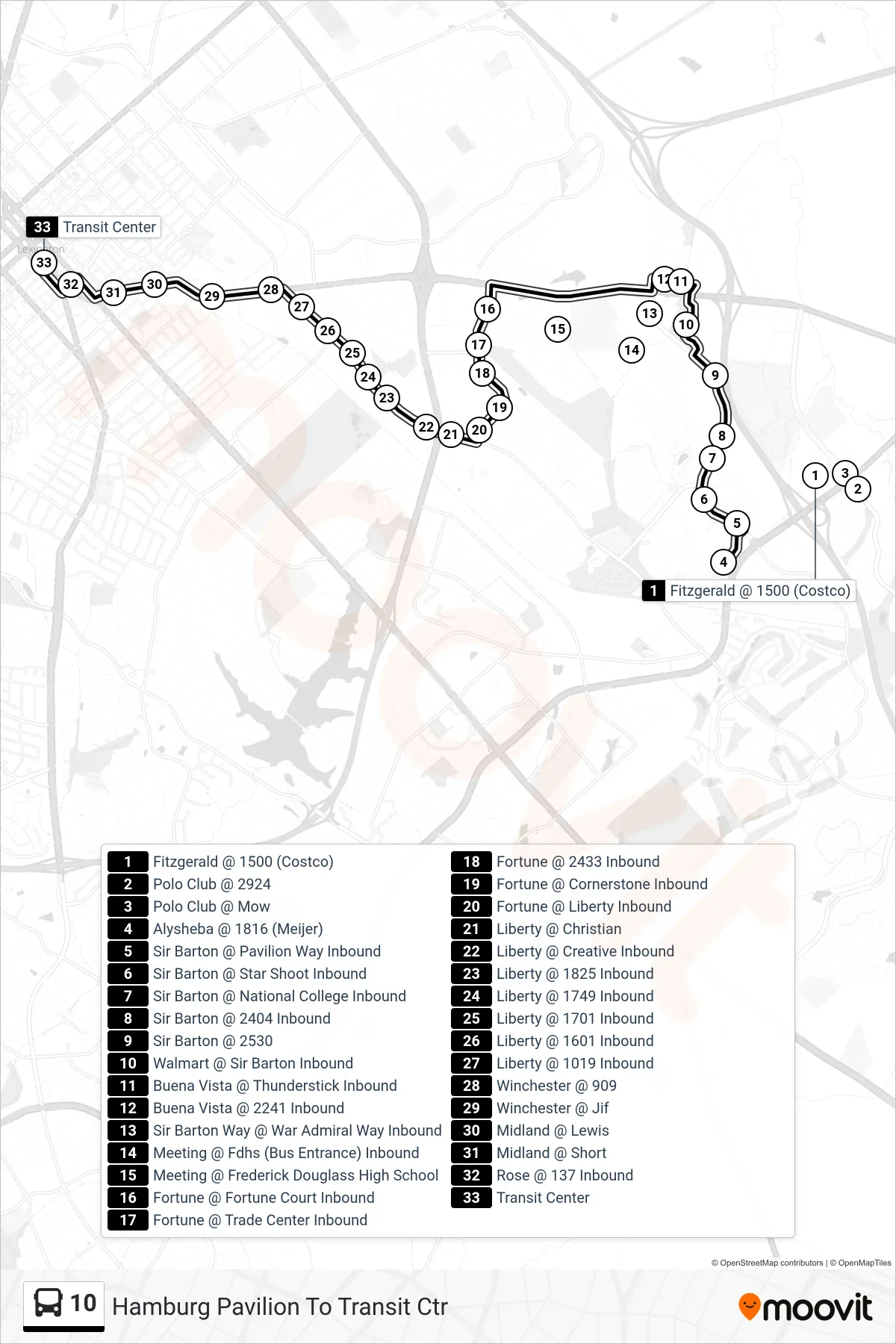 10 bus Line (Hamburg Pavilion To Transit Ctr) route and stops on a map