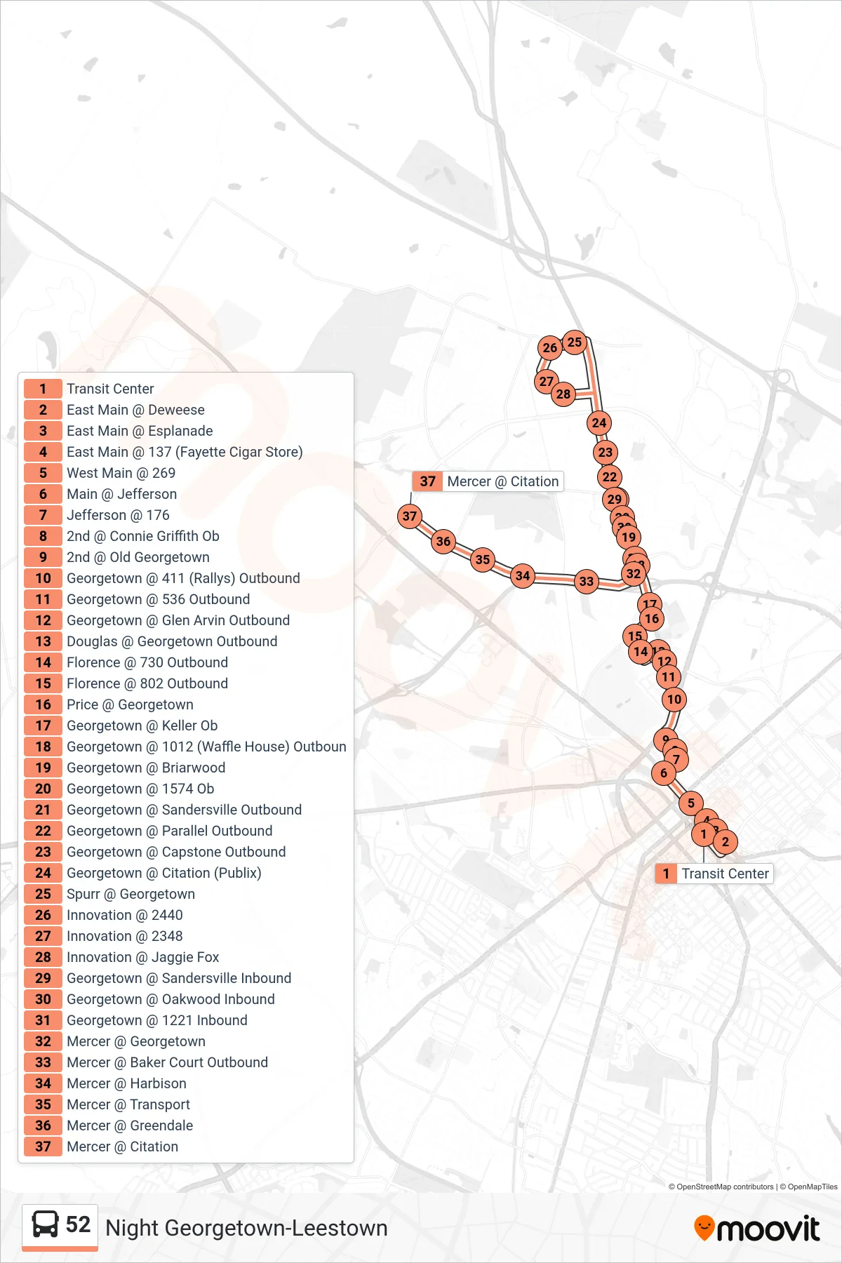 52 bus Line (Night Georgetown) route and stops on a map