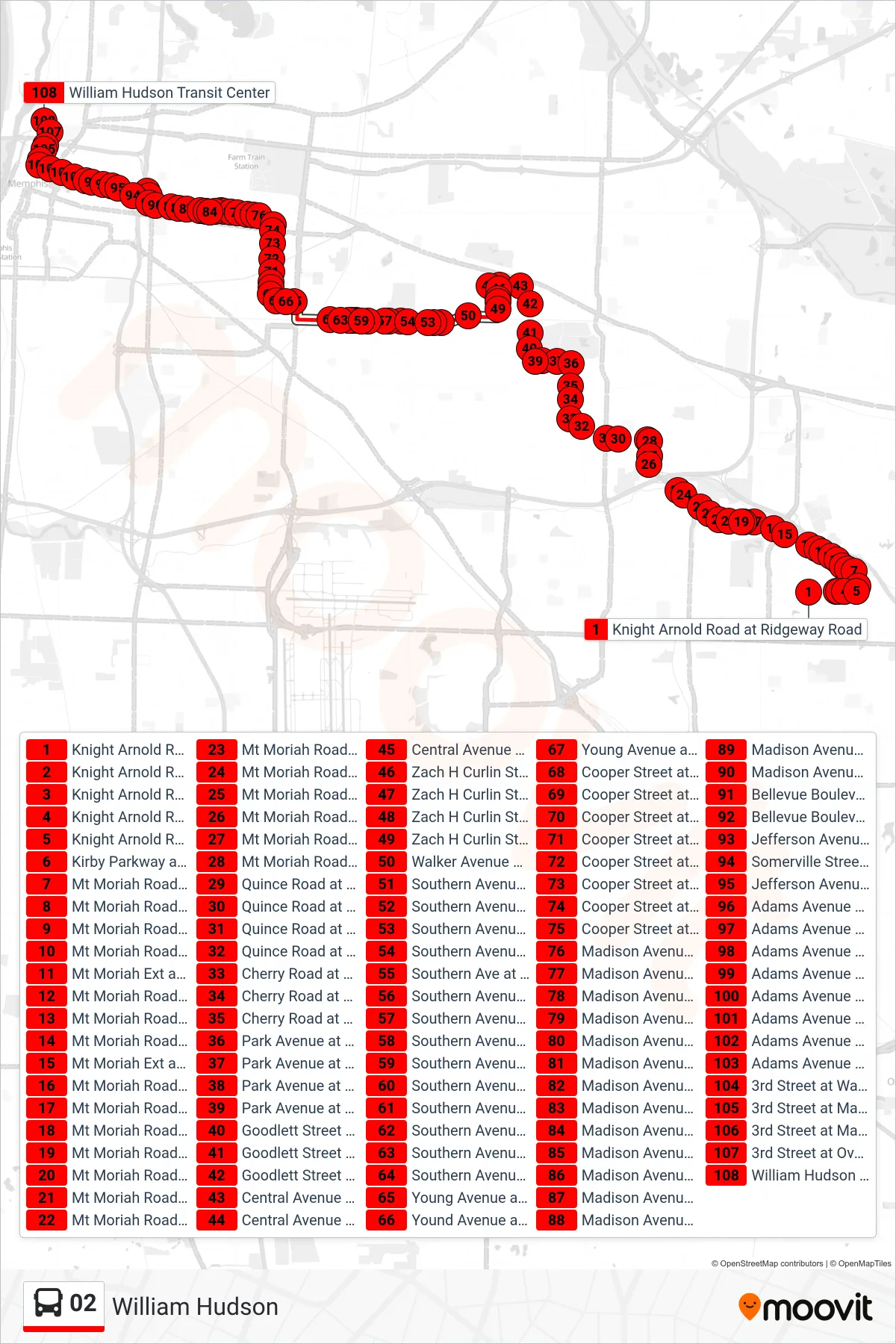 02 bus Line (William Hudson) route and stops on a map
