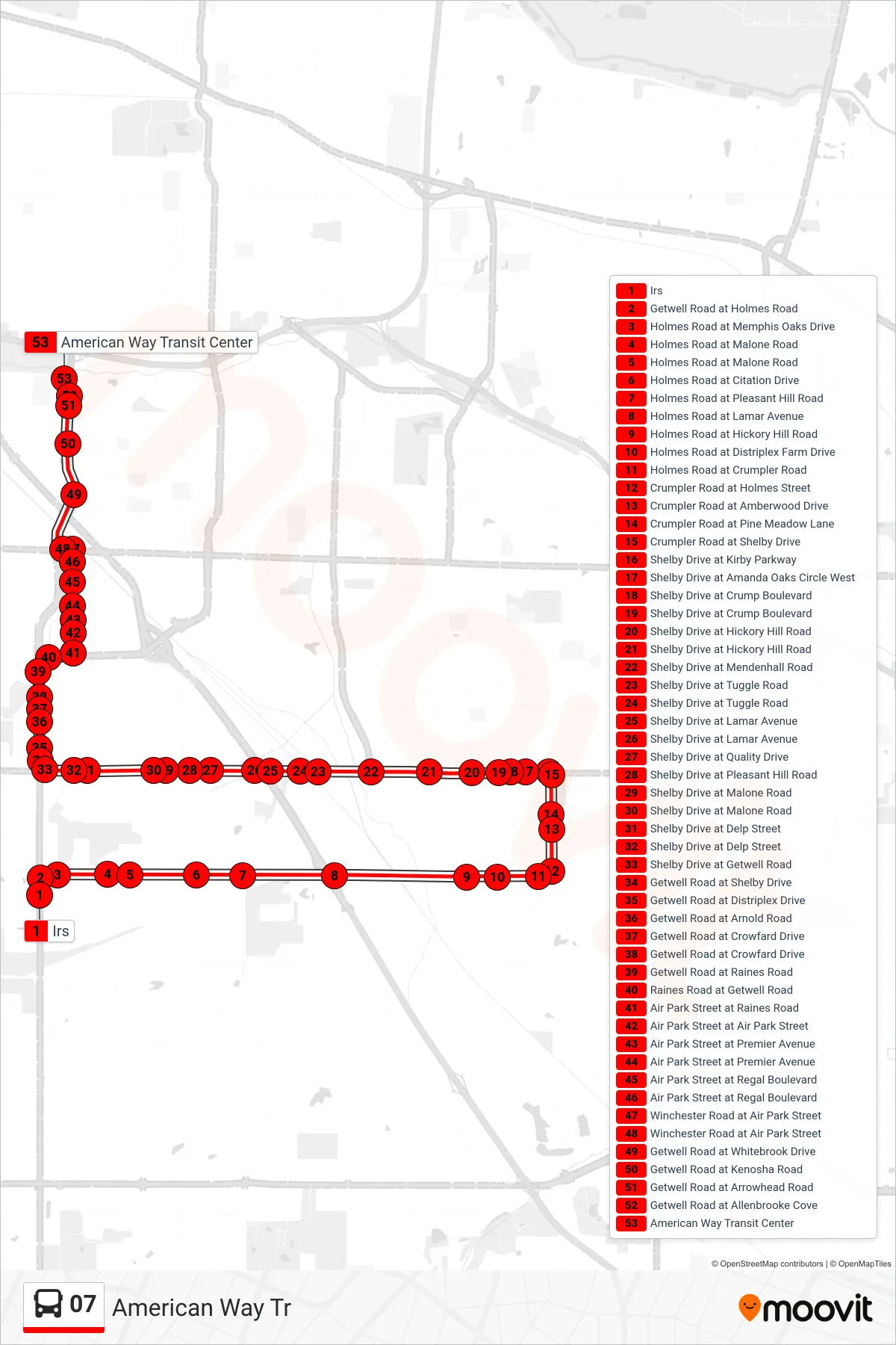 07 bus Line (American Way Tr) route and stops on a map