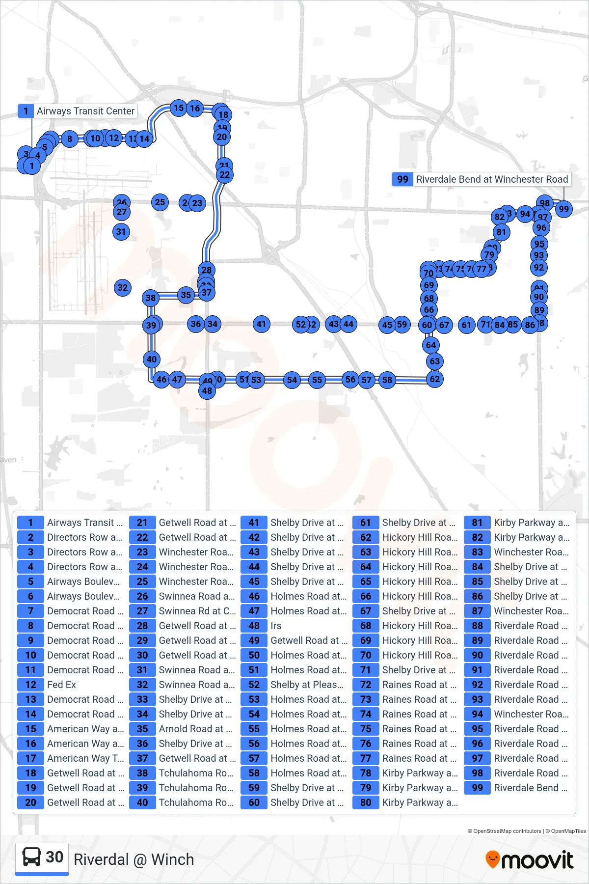 30 bus Line (Riverdal @ Winch) route and stops on a map