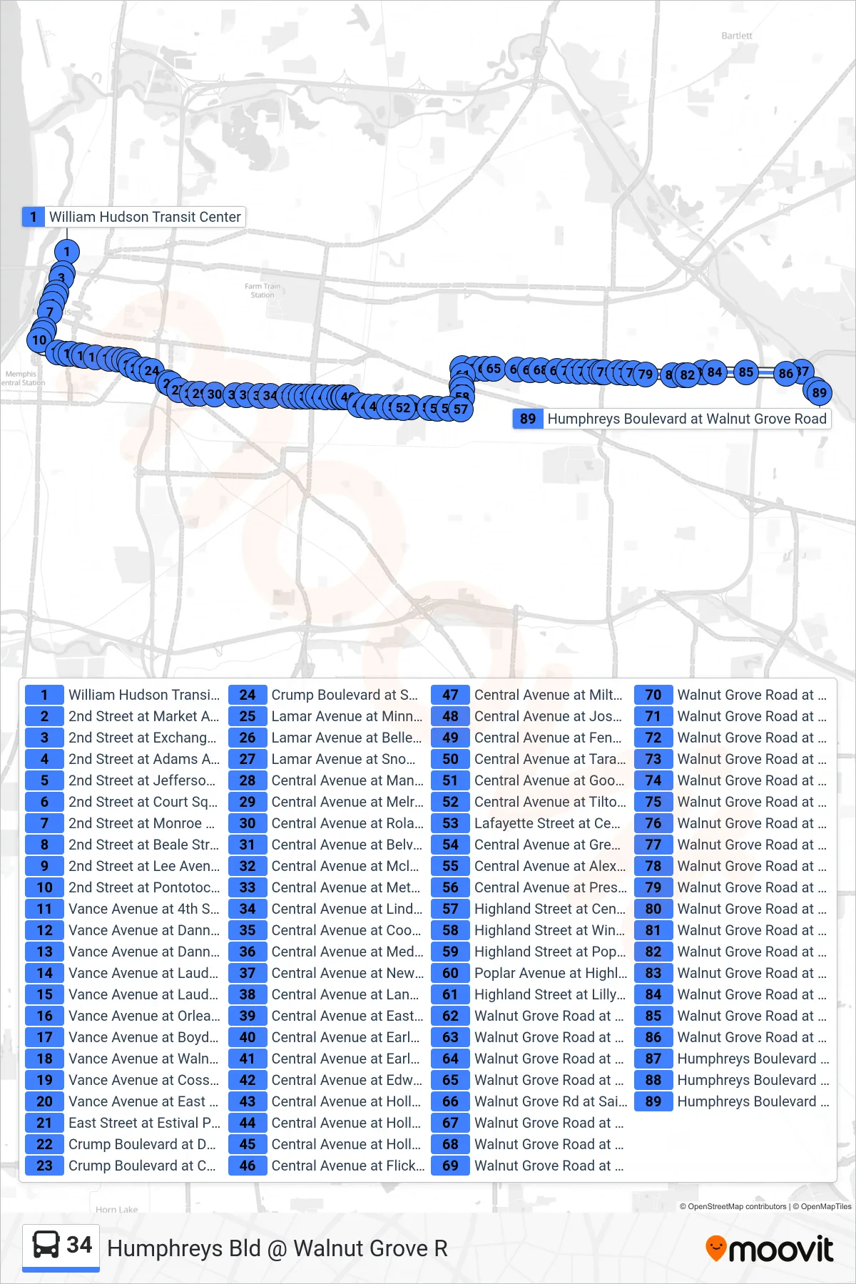 34 bus Line (Humphreys Bld @ Walnut Grove R) route and stops on a map