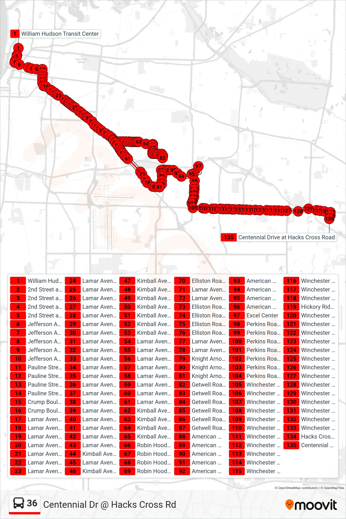 36 bus Line (Centennial Dr @ Hacks Cross Rd) route and stops on a map
