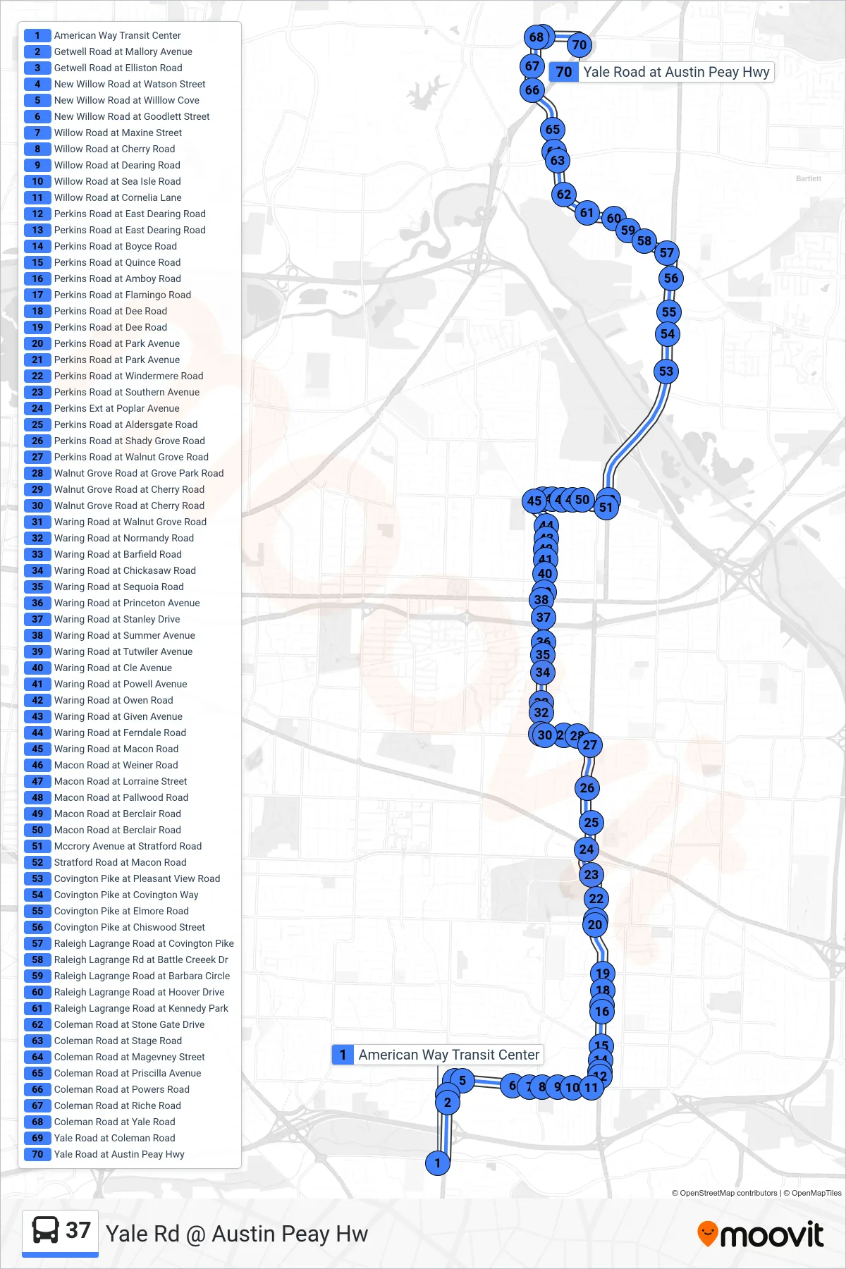 37 bus Line (Yale Rd @ Austin Peay Hw) route and stops on a map