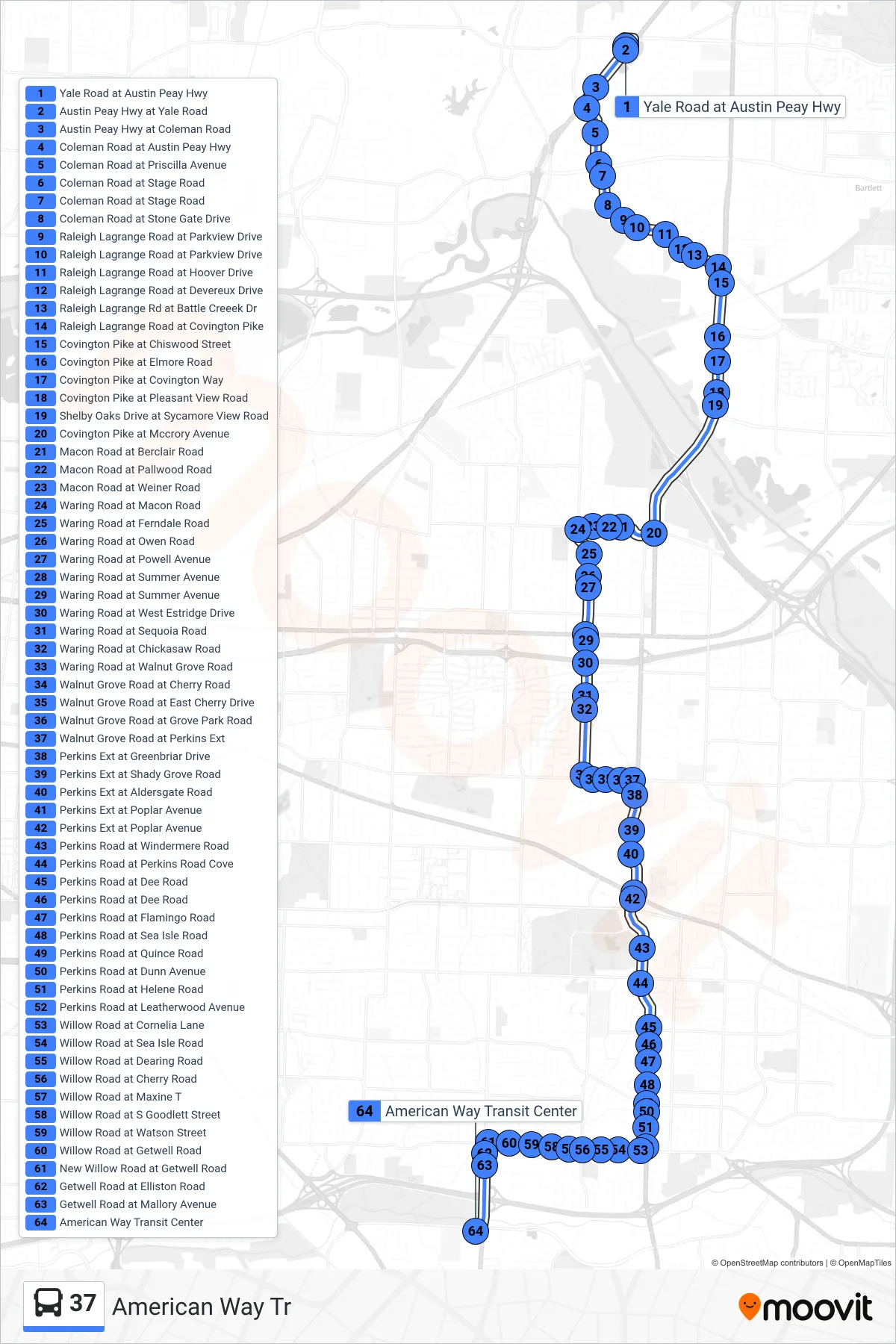 37 bus Line (American Way Tr) route and stops on a map