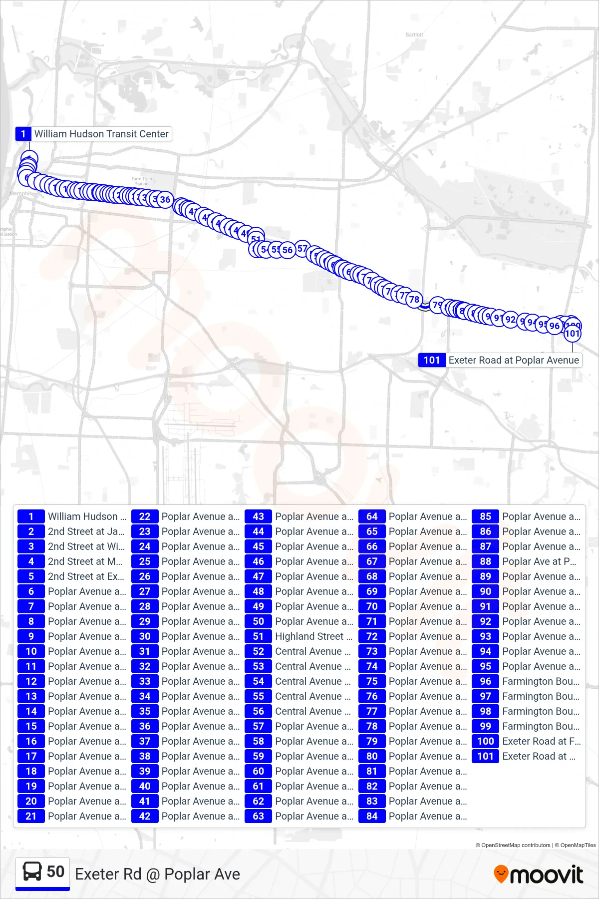 50 bus Line (Exeter Rd @ Poplar Ave) route and stops on a map