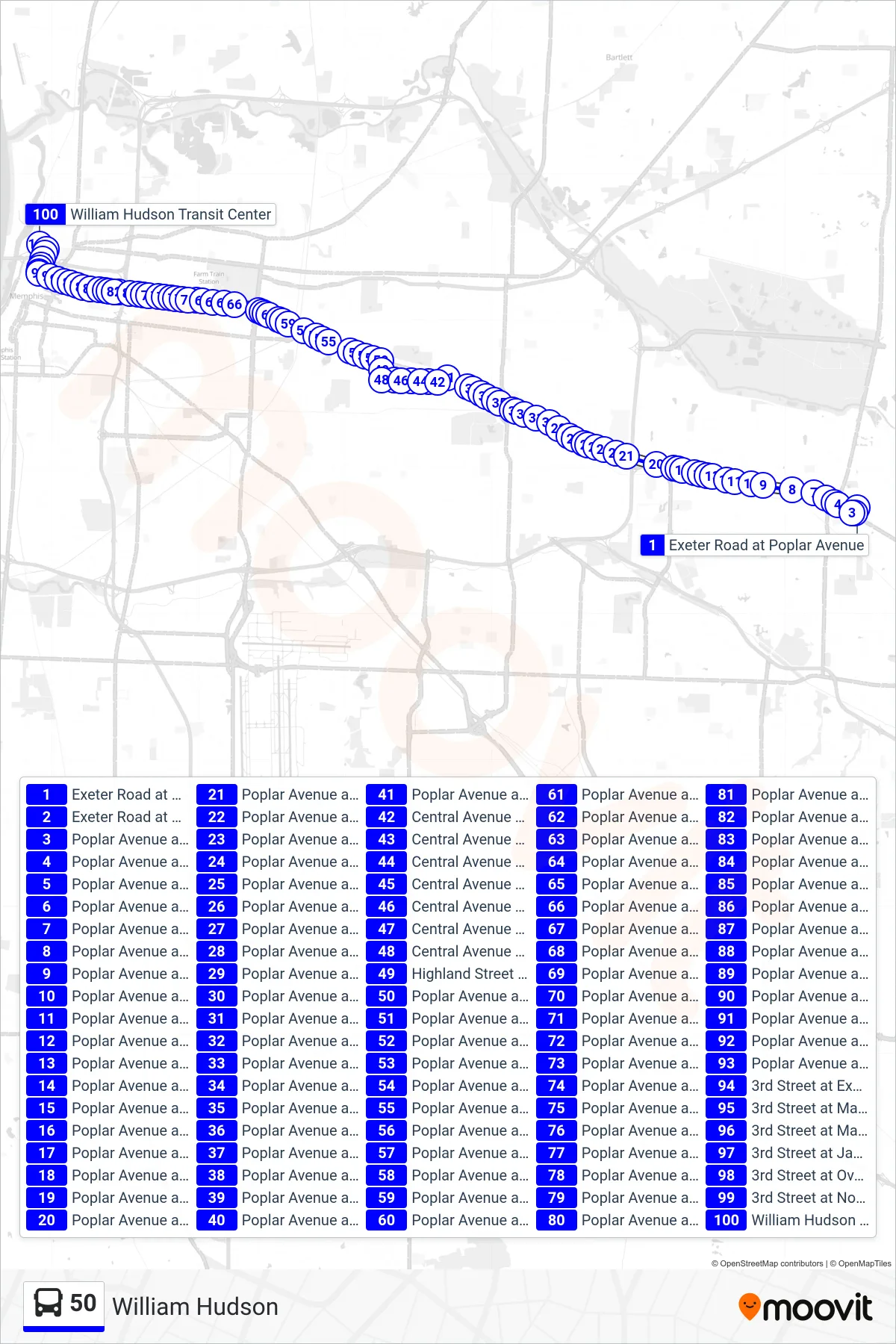 50 bus Line (William Hudson) route and stops on a map