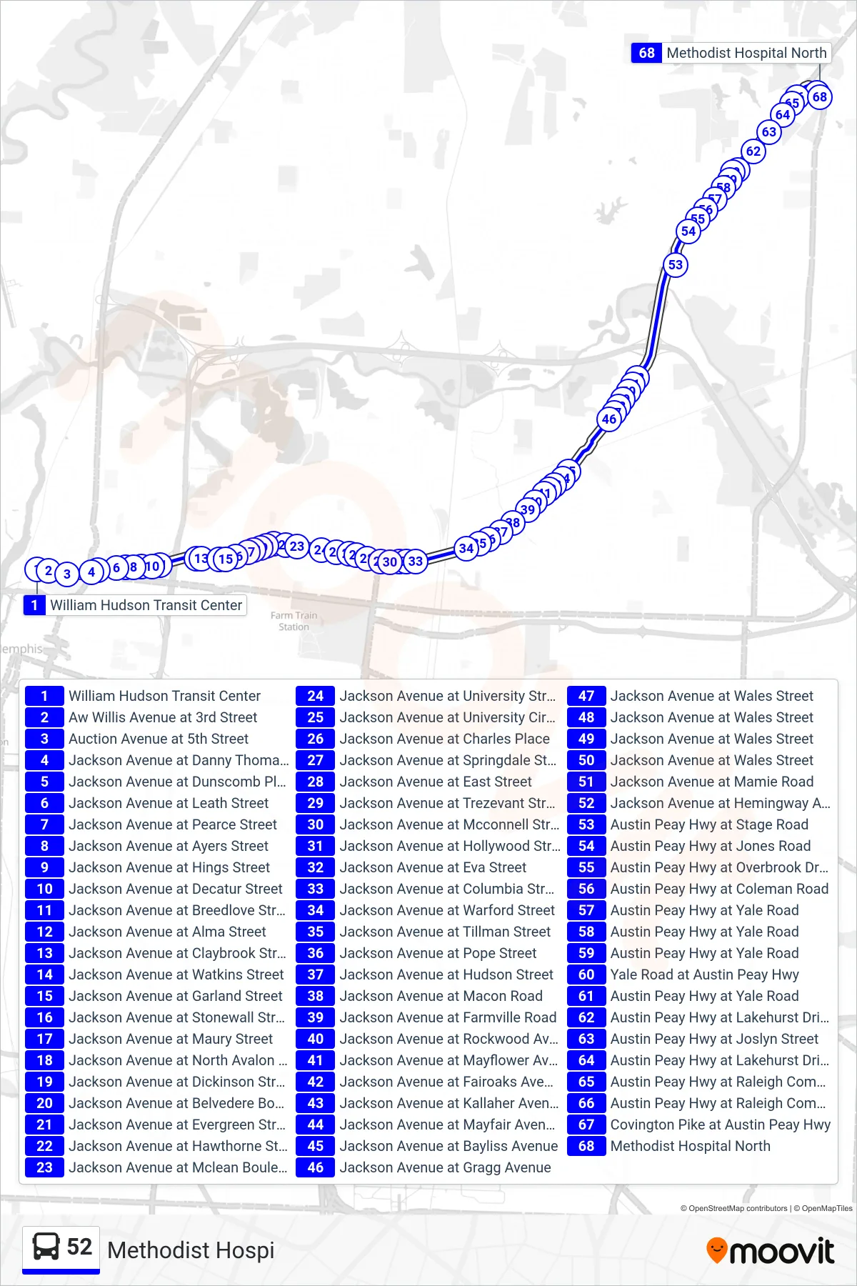52 bus Line (Methodist Hospi) route and stops on a map