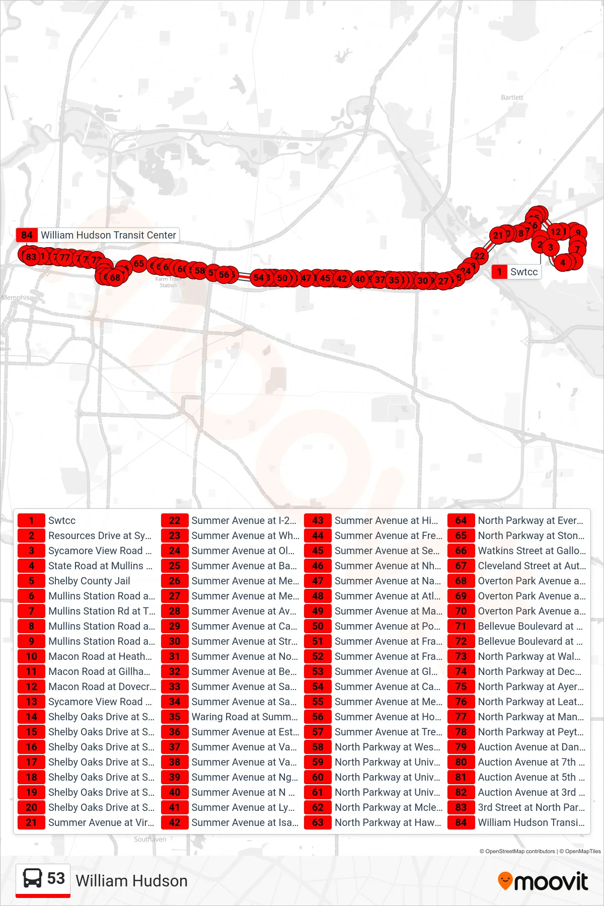 53 bus Line (William Hudson) route and stops on a map