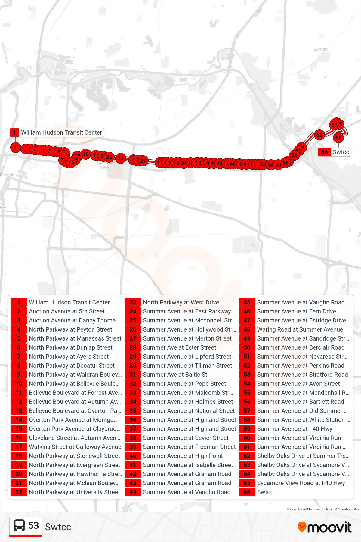 53 bus Line (Swtcc) route and stops on a map