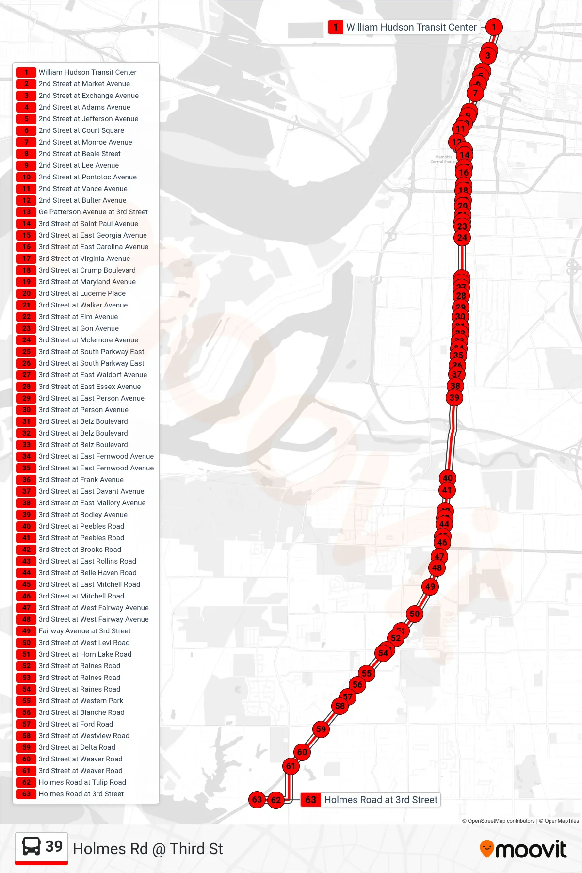 39 bus Line (Holmes Rd @ Third St) route and stops on a map