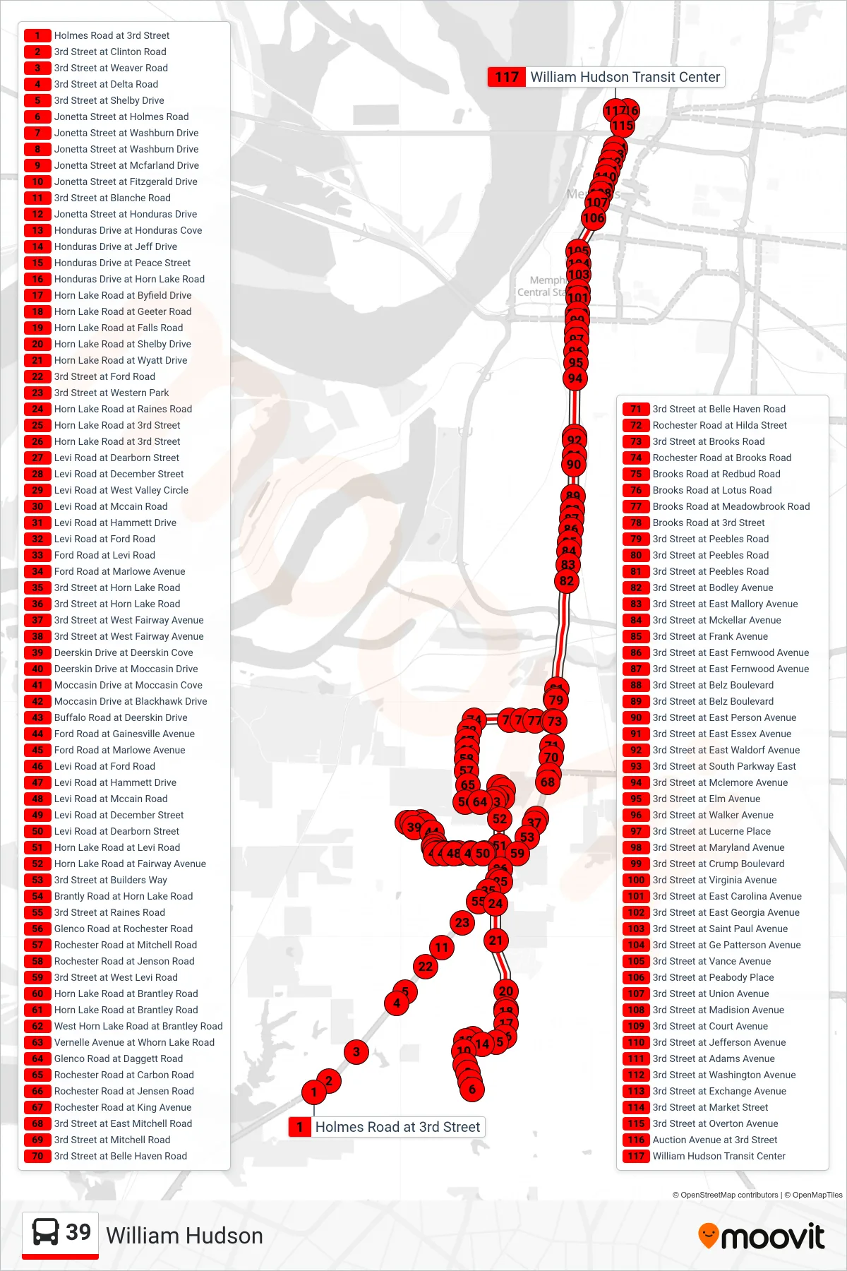 39 bus Line (William Hudson) route and stops on a map